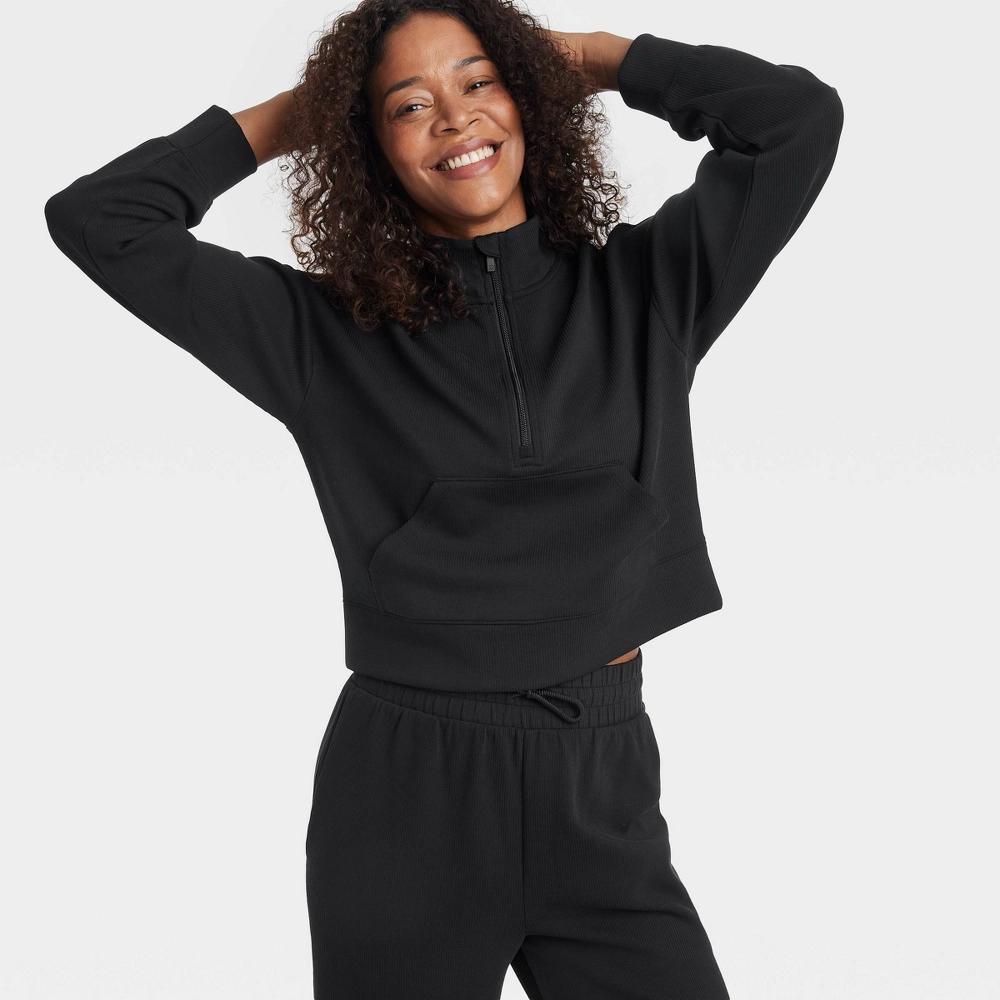 Womens Airy Sleek Ribbed 1/2 Zip Pullover Sweatshirt - All In Motion Black XS: Relaxed Fit, Kangaroo Pocket Product Image