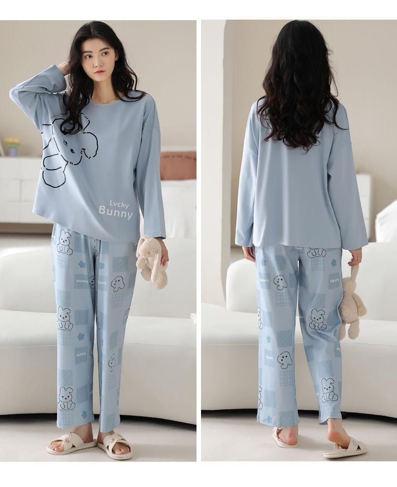 Loungewear Set : Long-Sleeve Rabbit Print Padded T-Shirt + Pants Product Image