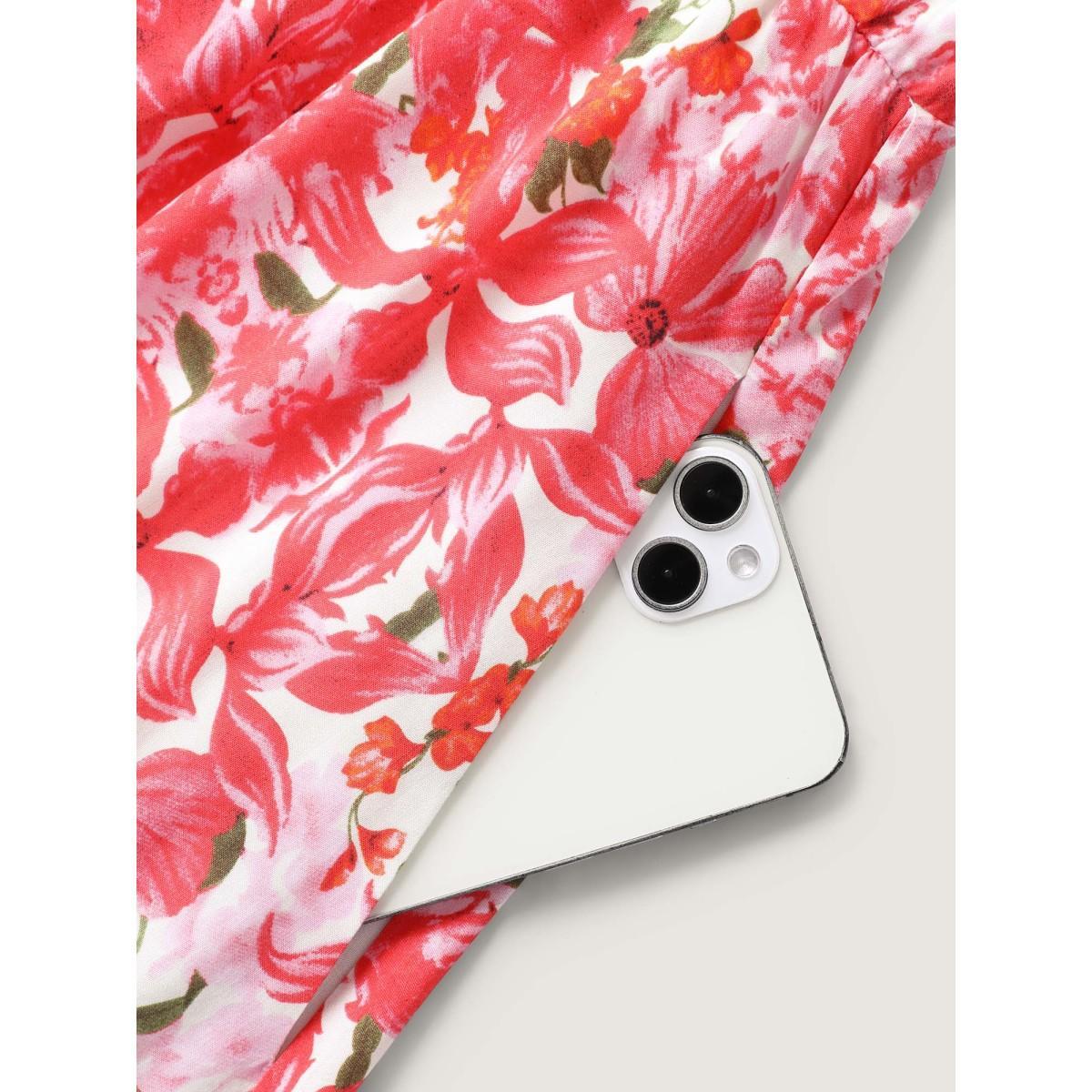 Plus Size Floral Print Cinched-Waist Midi Dress Rosered Women Round Neck Sleeveless Curvy BloomChic 14-16/1X Product Image