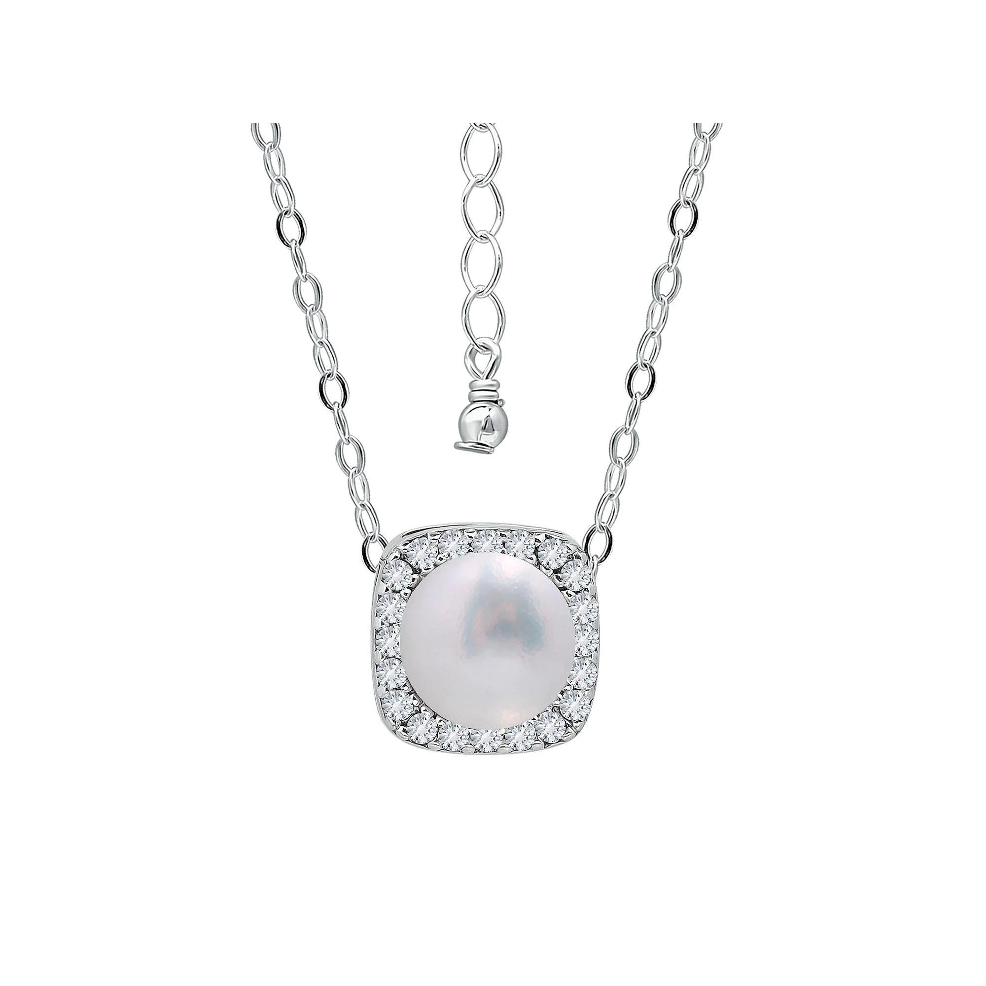 Aleure Precioso Sterling Silver Cubic Zirconia & Freshwater Cultured Pearl Square Pendant Necklace, Women's, Size: 18", Silver Tone Product Image
