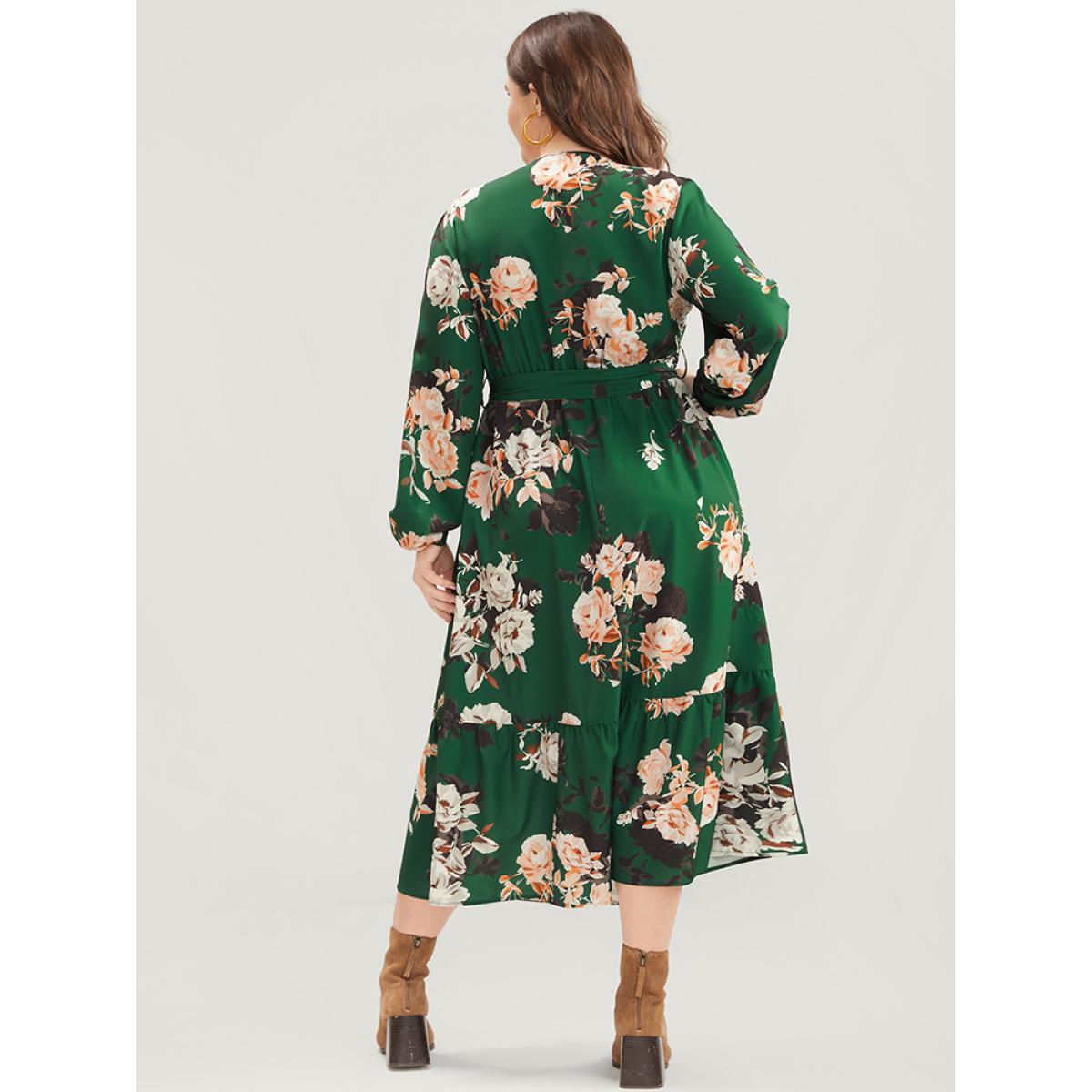 Plus Size Floral Print Lantern Sleeve Button Detail Pocket Belted Dress Moss Women Elegant Elastic Waist V-neck Long Sleeve Curvy Midi Dress BloomChic 18-20/2X Product Image