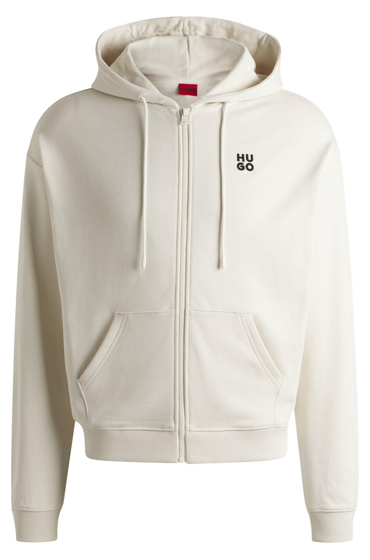 HUGO - Cotton-terry zip-up hoodie with embroidered stacked logo - White Product Image