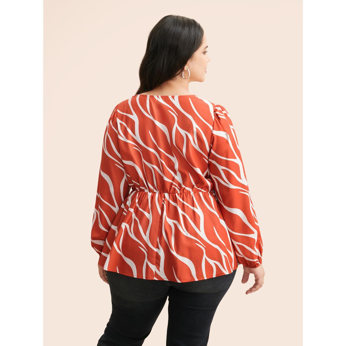 Plus Size OrangeRed Geometric Contrast Webbing Button Detail Blouse Women At the Office Long Sleeve V-neck Work Blouses BloomChic 18-20/2X Product Image