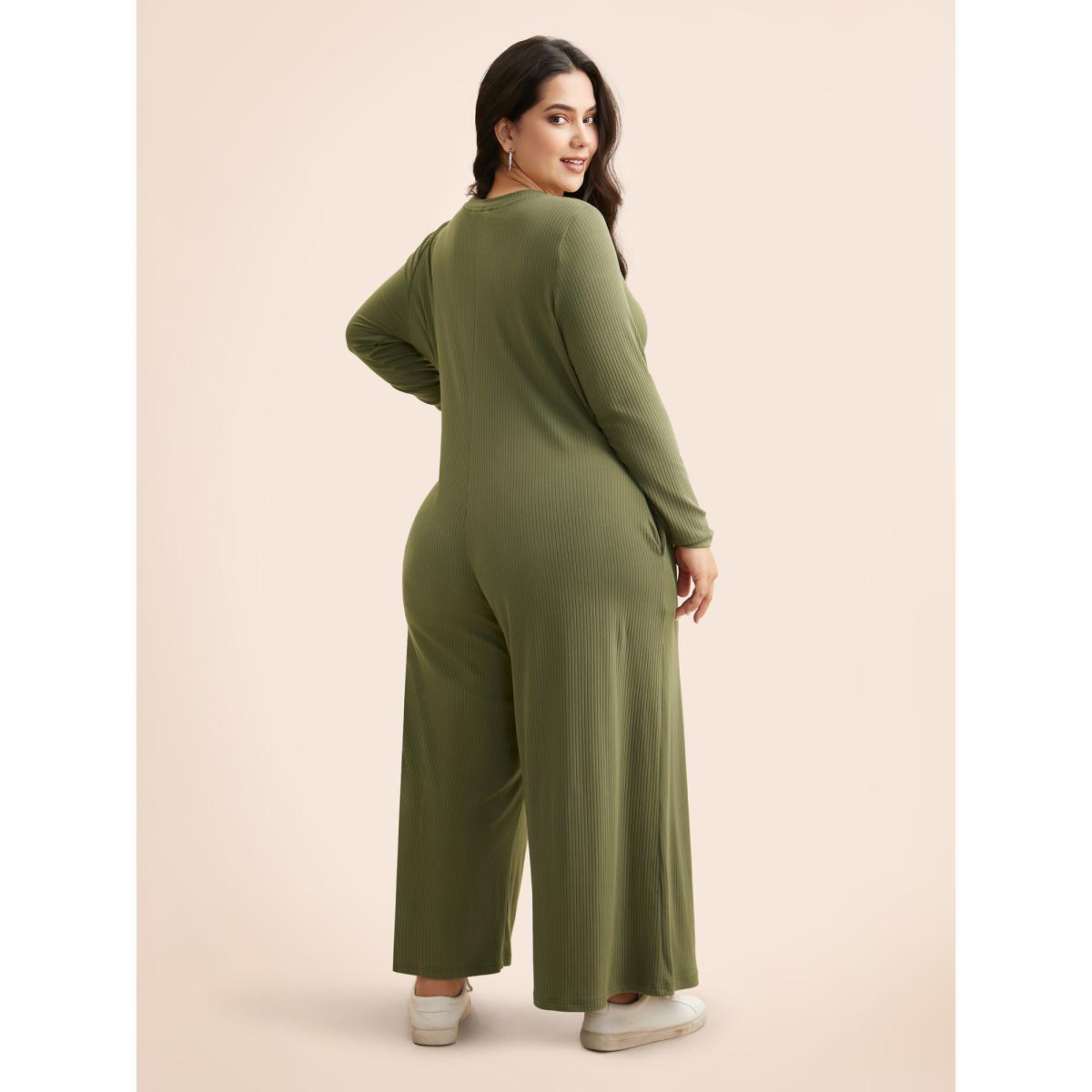 Plus Size ArmyGreen Supersoft Essentials Front Placket Onesie Women Casual Long Sleeve Round Neck Everyday Loose Jumpsuits BloomChic 10/M Product Image