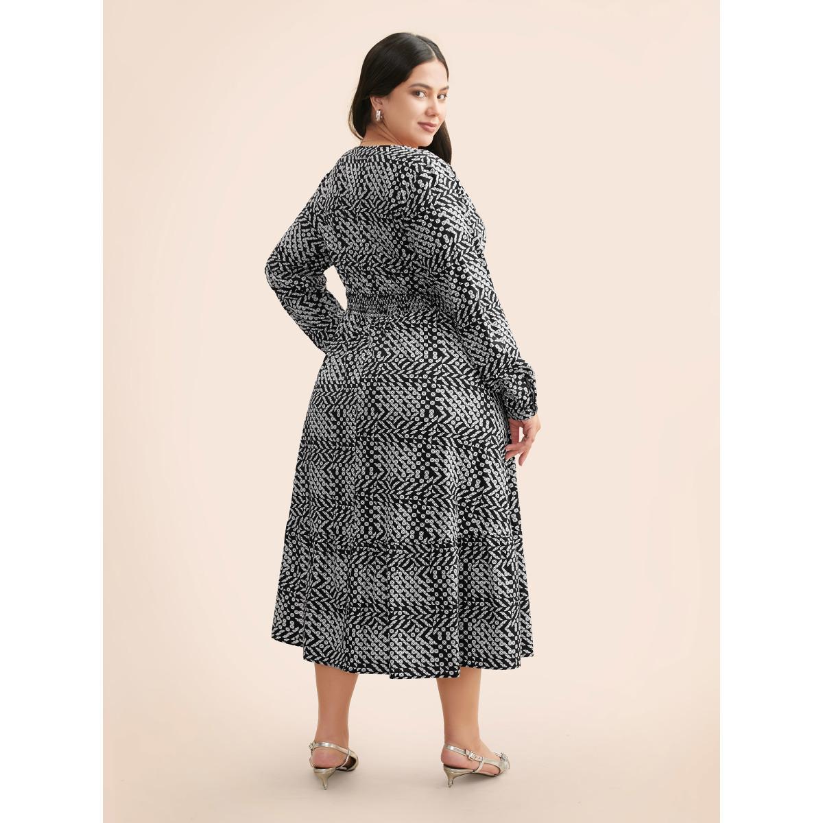 Plus Size Geometric Notched Lantern Sleeve Midi Dress BlackFlower Women At the Office Shirred Flat collar with V-notch Long Sleeve Curvy BloomChic 12/L Product Image