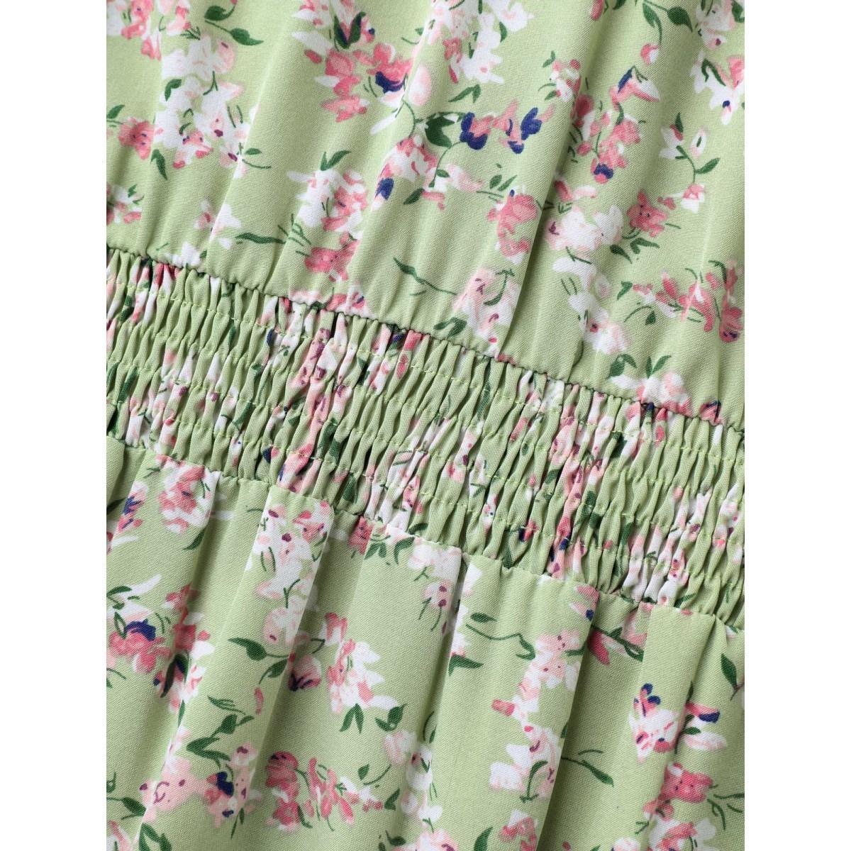 Plus Size Floral Print Shirred Waist Layered Sleeve Dress LightGreen Women Elegant Tiered V-neck Short sleeve Curvy BloomChic 18-20/2X Product Image