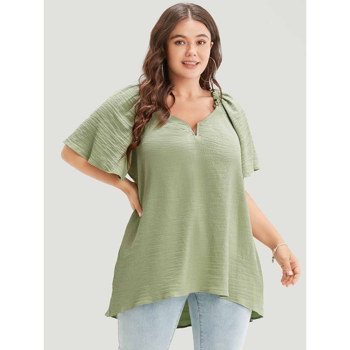 Plus Size Green Plain Notched High Low Hem Ruffle Sleeve Frill Trim Blouse Women Elegant Short sleeve V-neck Dailywear Blouses BloomChic 22-24/3X Product Image