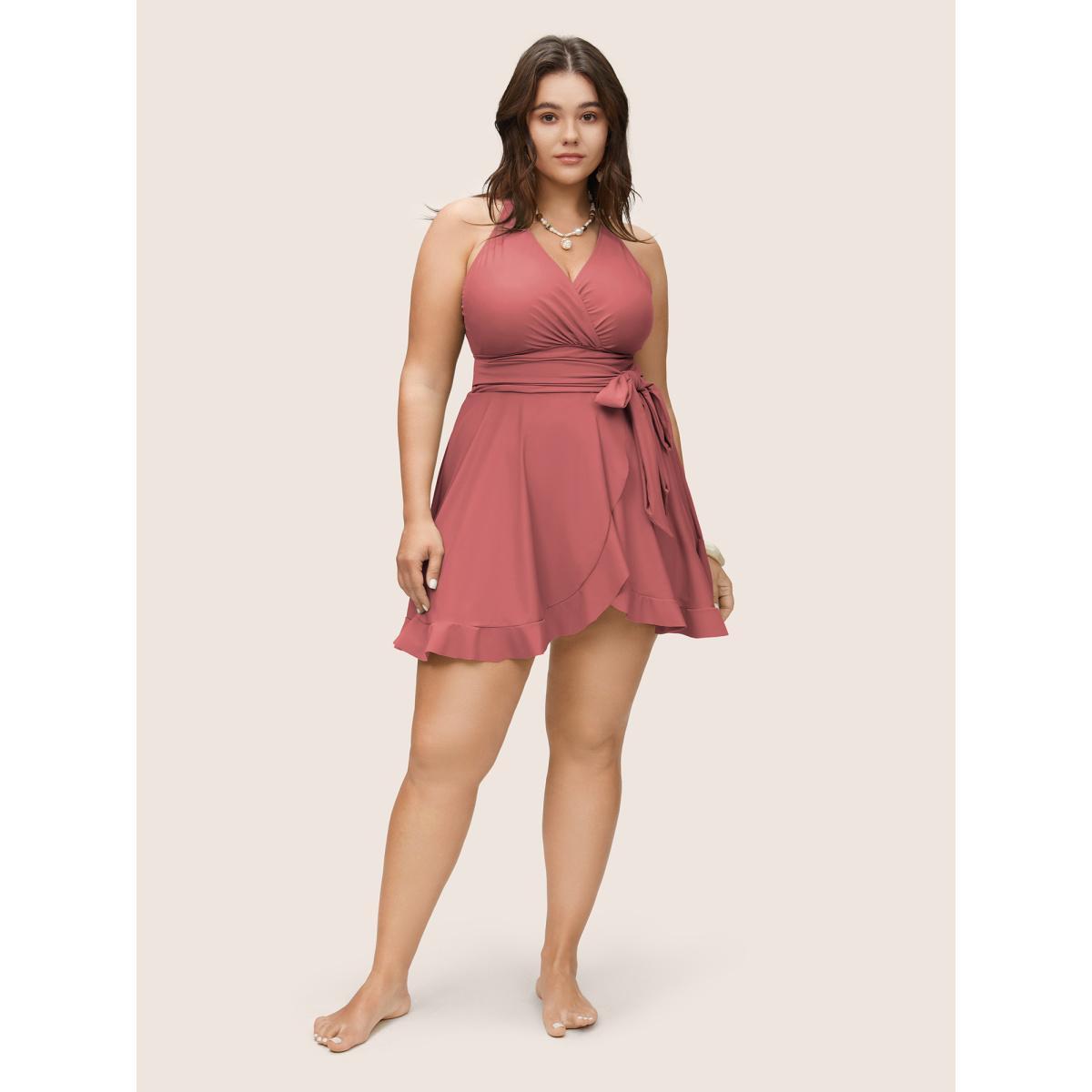 Plus Size Plain Ties Wrap Flutters Swim Dress Women's Swimwear Crepe Beach Bodycon Overlap Collar High stretch Curve Swim Dresses BloomChic 26/4X Product Image