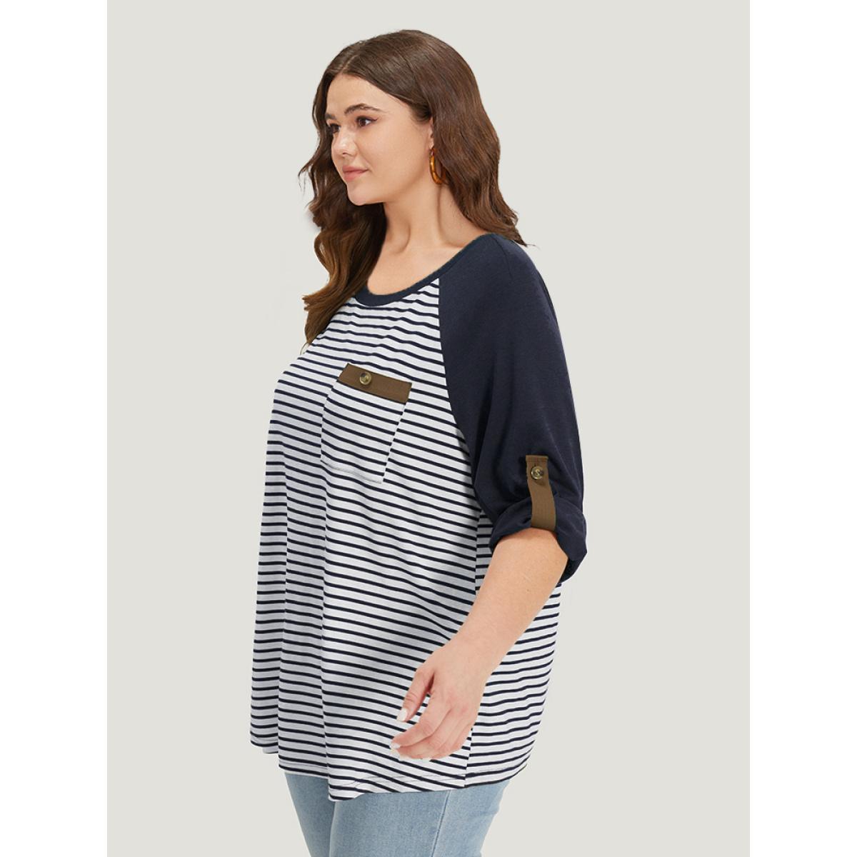 Plus Size Striped Patchwork Patched Pocket Raglan Sleeve T-shirt Gray Women Casual Contrast Striped Round Neck Dailywear T-shirts BloomChic 14-16/1X Product Image