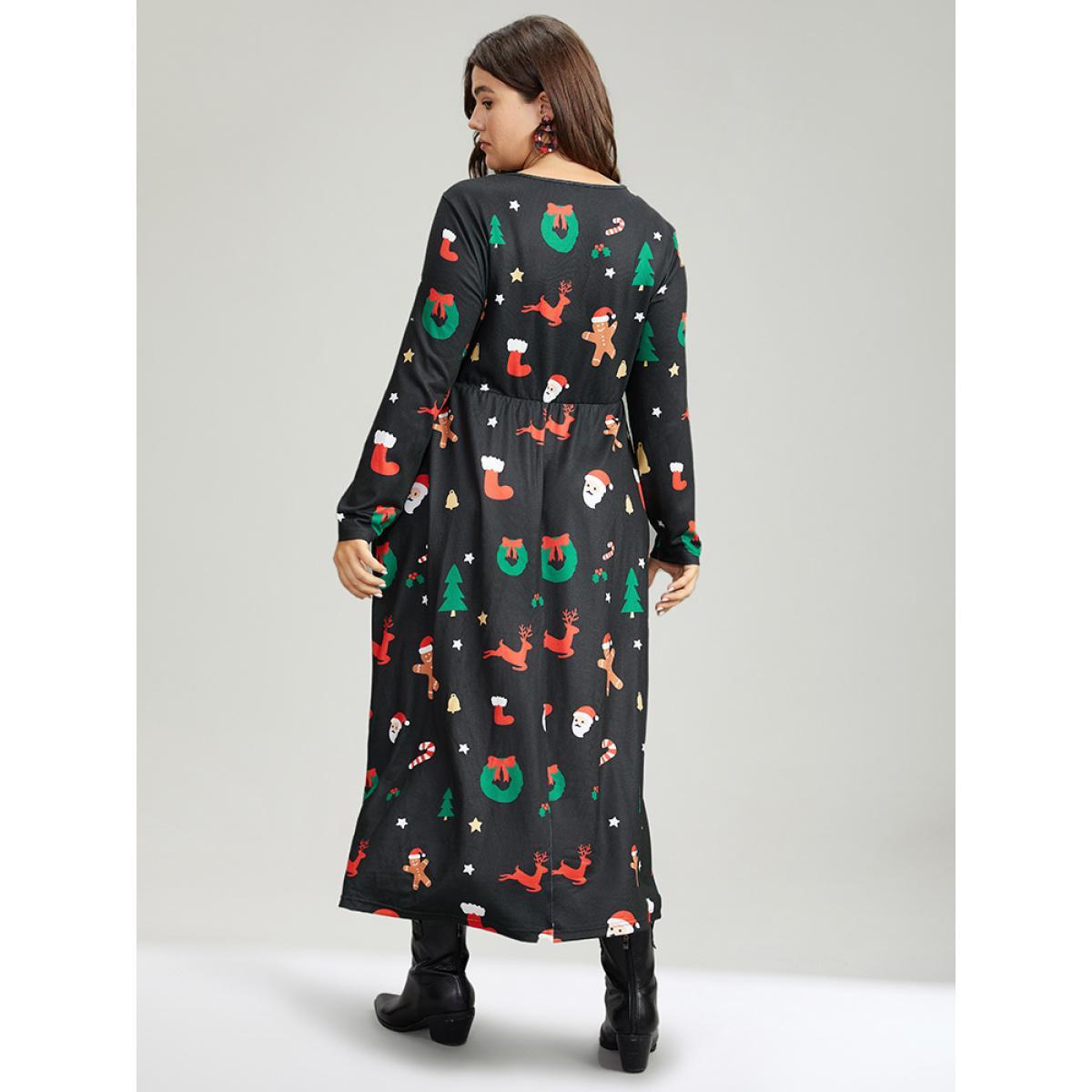 Plus Size Christmas Print Pocket Elastic Waist Dress Multicolor Women Casual Printed Round Neck Long Sleeve Curvy Midi Dress BloomChic 18-20/2X Product Image