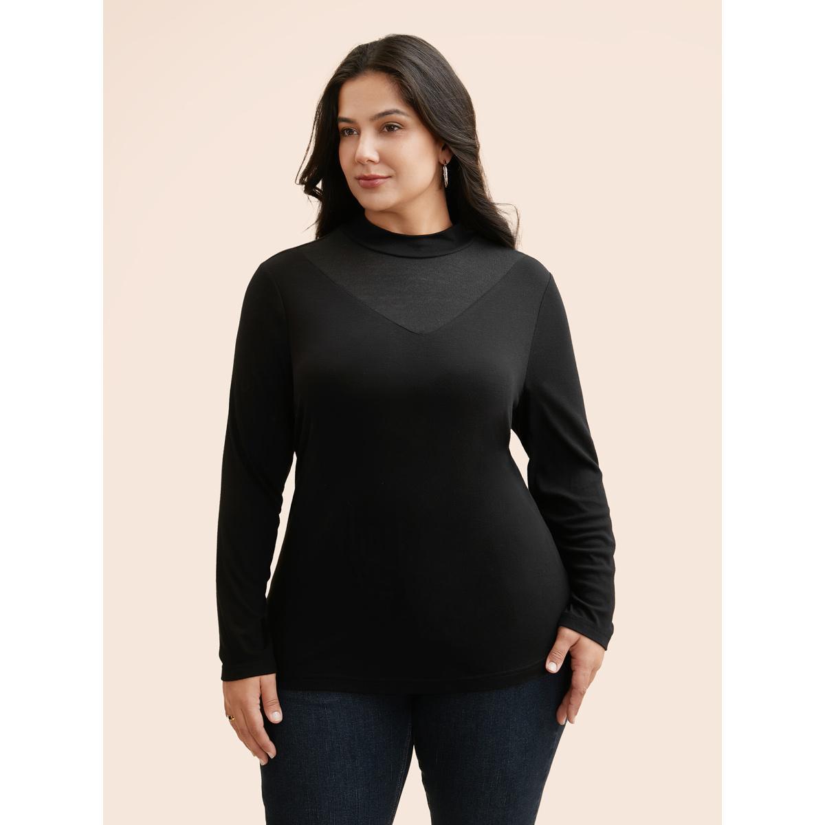 Plus Size Mock Neck Mesh Patchwork Stretchy T-shirt Black Women Casual See through Stand-up collar Everyday T-shirts BloomChic 26/4X Product Image