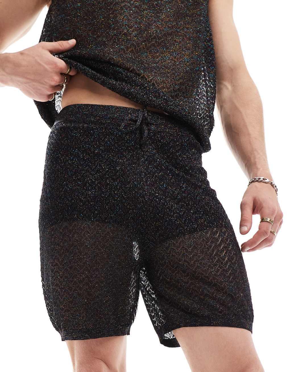 ASOS DESIGN knitted shorts in black metallic mesh - part of a set Product Image