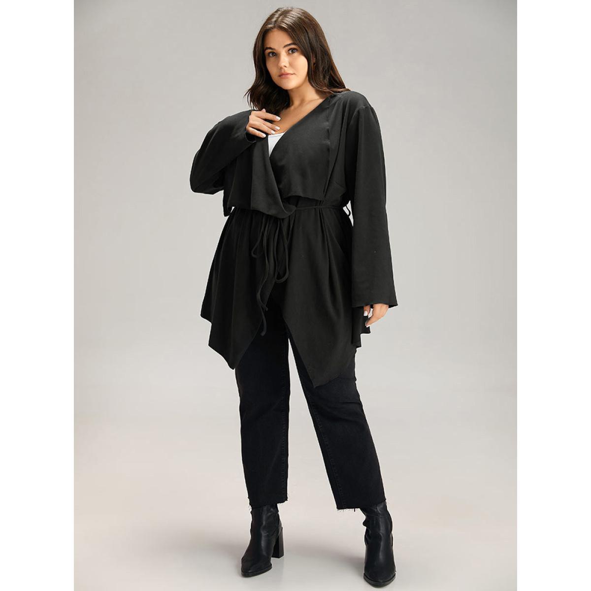 Plus Size Solid Rib Knit Ties Lapel Collar Kimono Women Black Casual Plain Belt Dailywear Kimonos BloomChic 18-20/2X Product Image