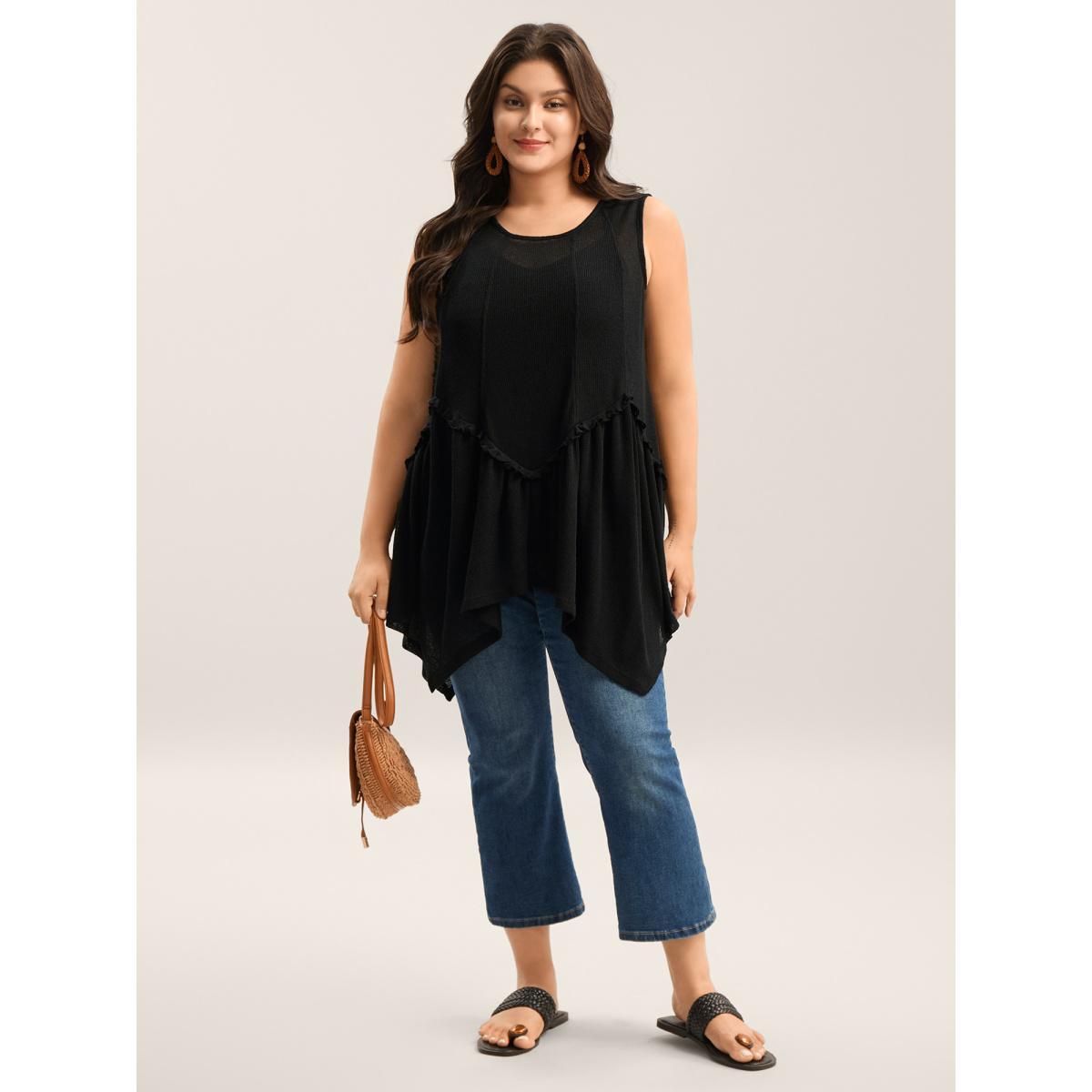 Plus Size Heather Stretchy Sheer High Low Hem Top Women Black Texture Round Neck Vacation Tank Tops Camis BloomChic 22-24/3X Product Image