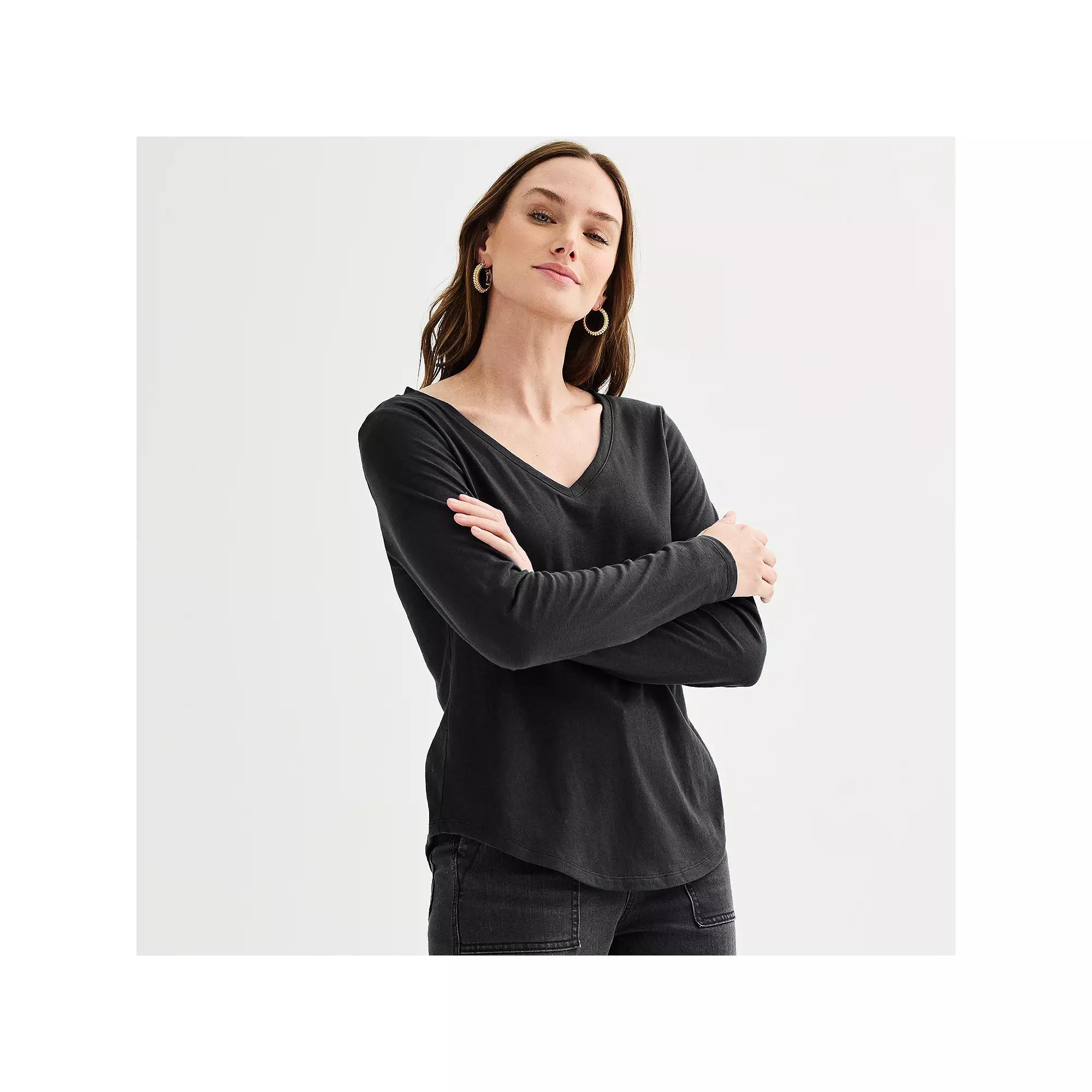 Petite Sonoma Goods For Life® Everyday Long Sleeve V-Neck T-Shirt, Women's, Size: XXL Petite, Pitch Black Product Image