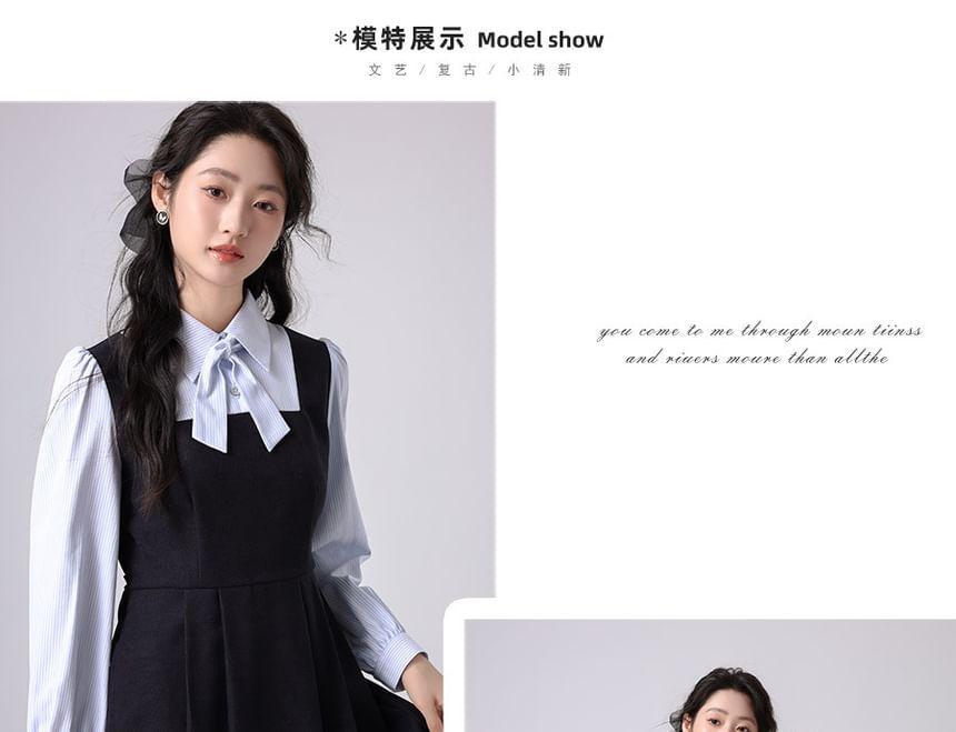 Long-Sleeve Collared Mock Two-Piece Striped Panel Pleated Midi A-Line Dress Product Image