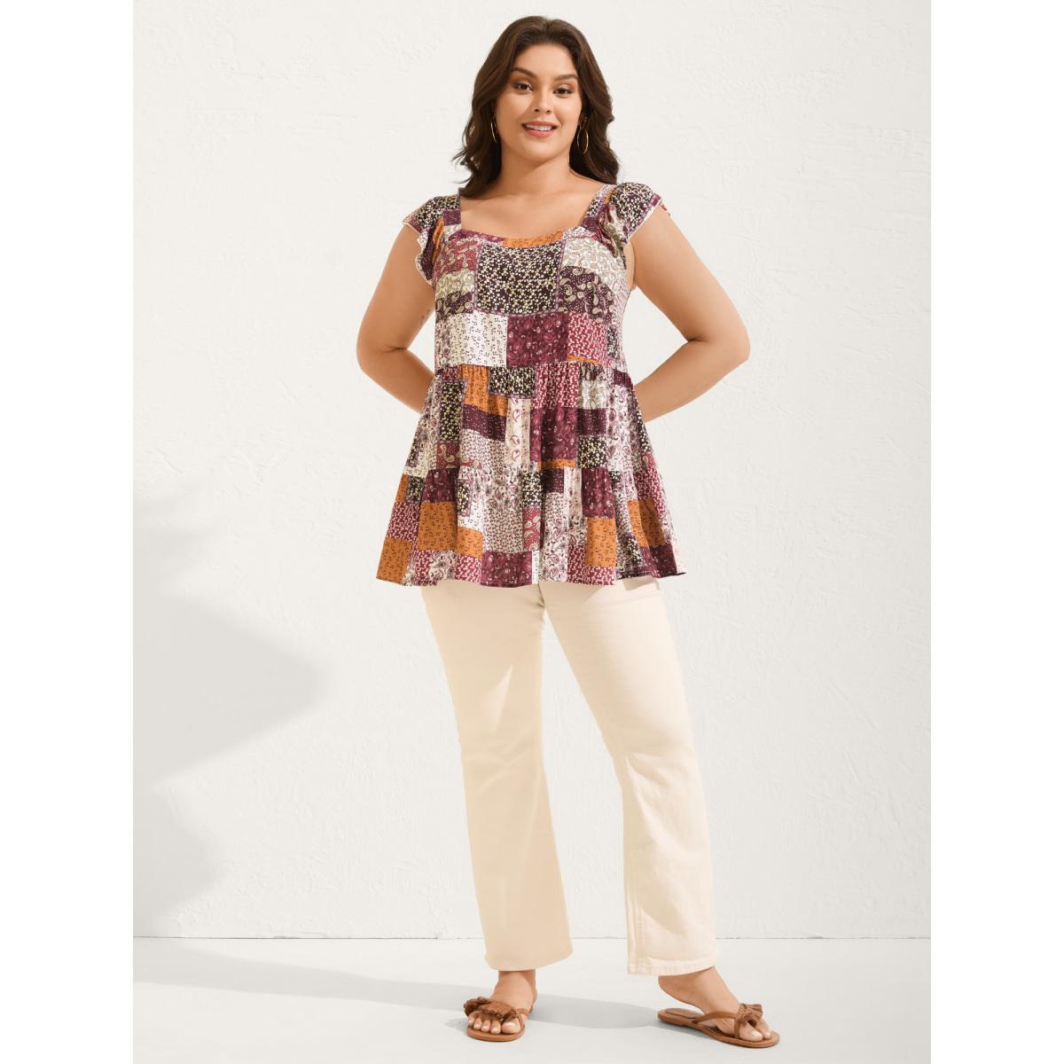 Plus Size Floral Collage Print Layered Tank Top Women Burgundy Gathered Square Neck Vacation Tank Tops Camis BloomChic 10/M Product Image