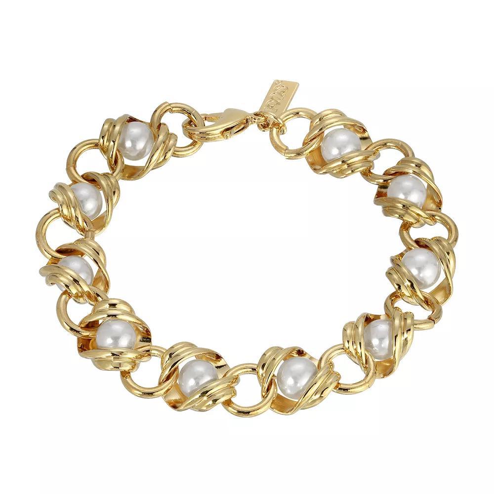1928 Gold Tone Chain Link Bracelet with Simulated Pearl, Womens, White Product Image