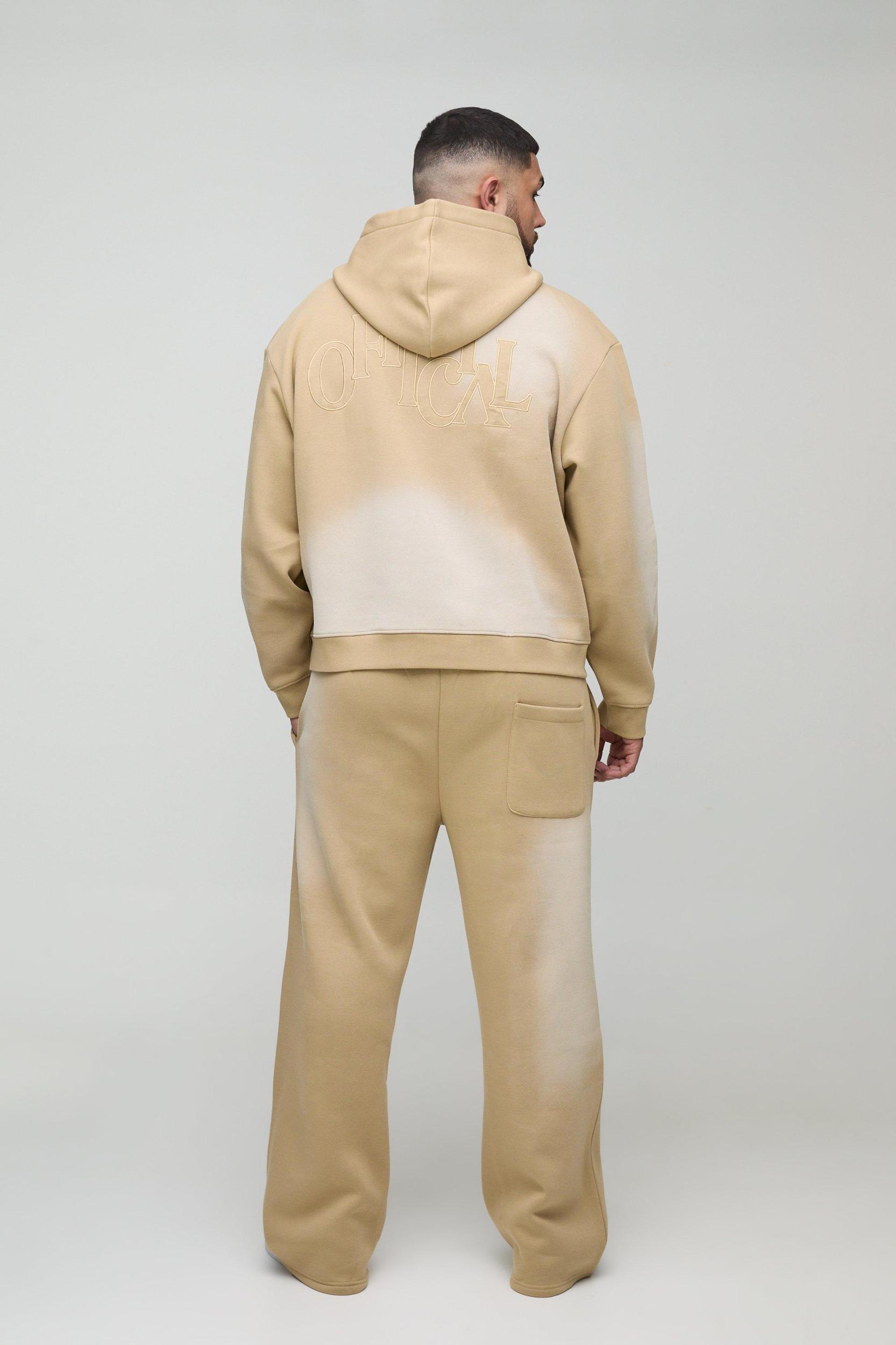 Plus Oversized Boxy Distressed Official Applique Spray Wash Hooded Tracksuit | boohooMAN USA Product Image