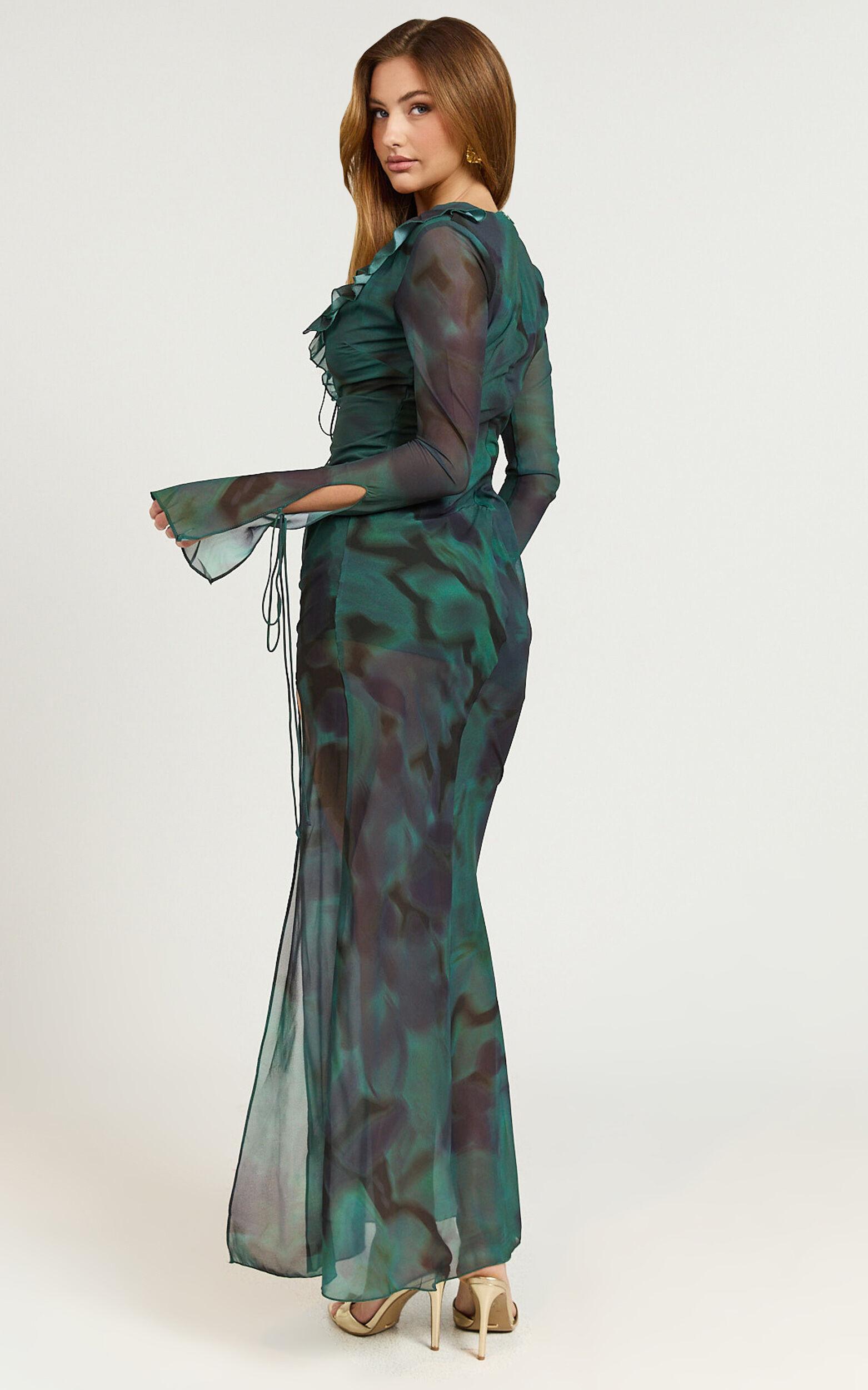 Katie Maxi Dress - Ruffle Plunge Neck Long Sleeve Dress in Green Product Image