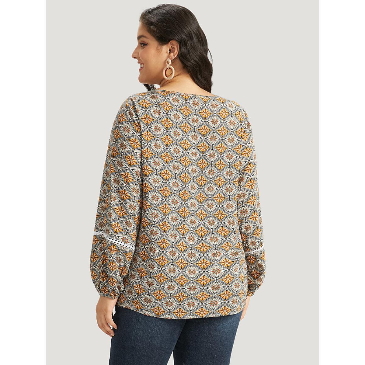 Plus Size Bronze Boho Print Notched Contrast Lace Blouse Women Vacation Long Sleeve Notched collar Dailywear Blouses BloomChic 22-24/3X Product Image