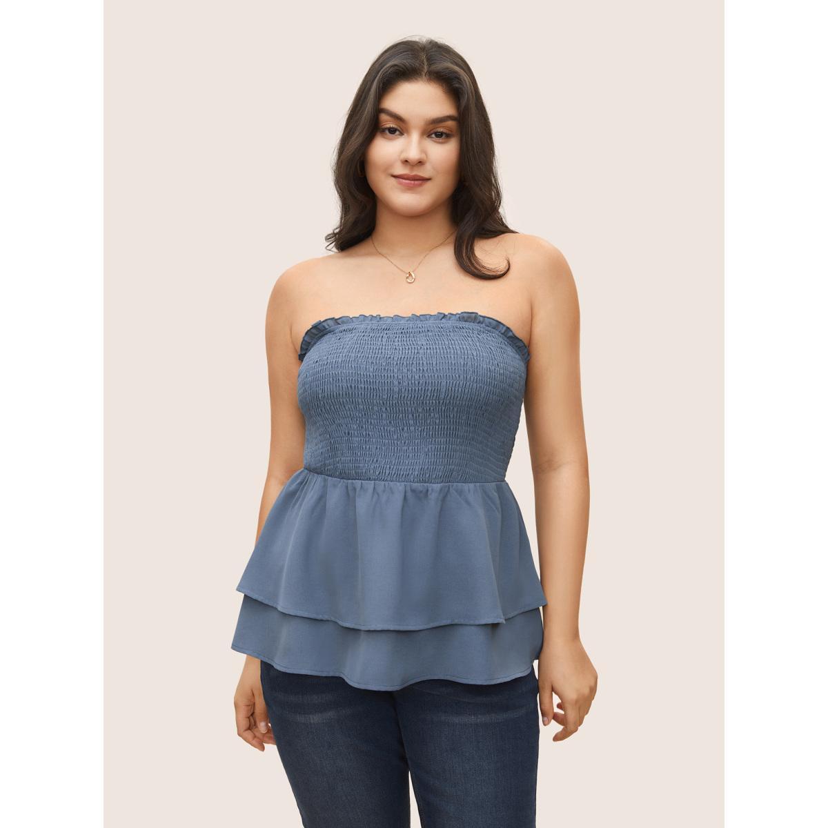 Plus Size Solid Shirred Ruffle Layered Hem Cami Top Women Stone Casual Adjustable Straps Spaghetti Strap Everyday Tank Tops Camis BloomChic 26/4X Product Image