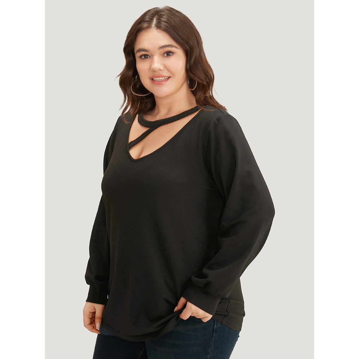 Plus Size Solid Cut Out Sweatshirt Women Black Casual Plain Keyhole Cut-Out Dailywear Sweatshirts BloomChic 28/5X Product Image