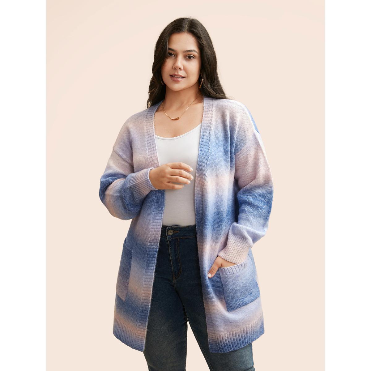 Plus Size Ombre Kimono Collar Patched Pocket Cardigan Multicolor Women Casual Loose Long Sleeve Everyday Cardigans BloomChic 10/M Product Image