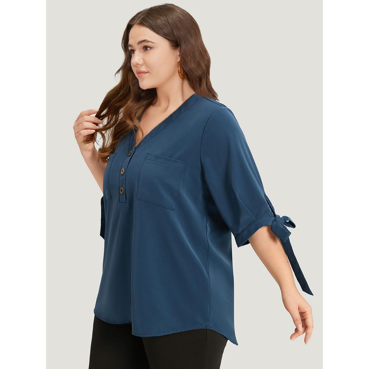 Plus Size Indigo Anti-Wrinkle Plain Button Up Knot V Neck Pocket Blouse Women Office Half Sleeve V-neck Dailywear Blouses BloomChic 26/4X Product Image