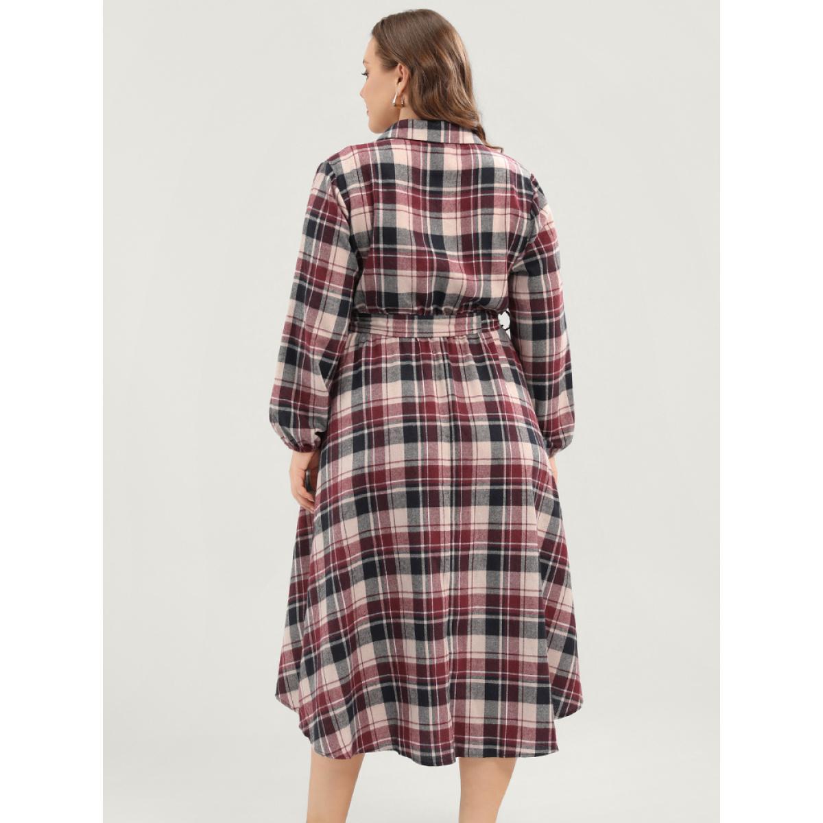 Plus Size Plaid Shirt Collar Pocket Belted Lantern Sleeve Button Up Dress Burgundy Women Elegant Shirt collar Long Sleeve Curvy Midi Dress BloomChic 14-16/1X Product Image