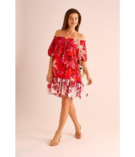 Vince Camuto Woven Floral Print Off-The-Shoulder 3/4 Sleeve Beaded Tiered Shift Dress Product Image