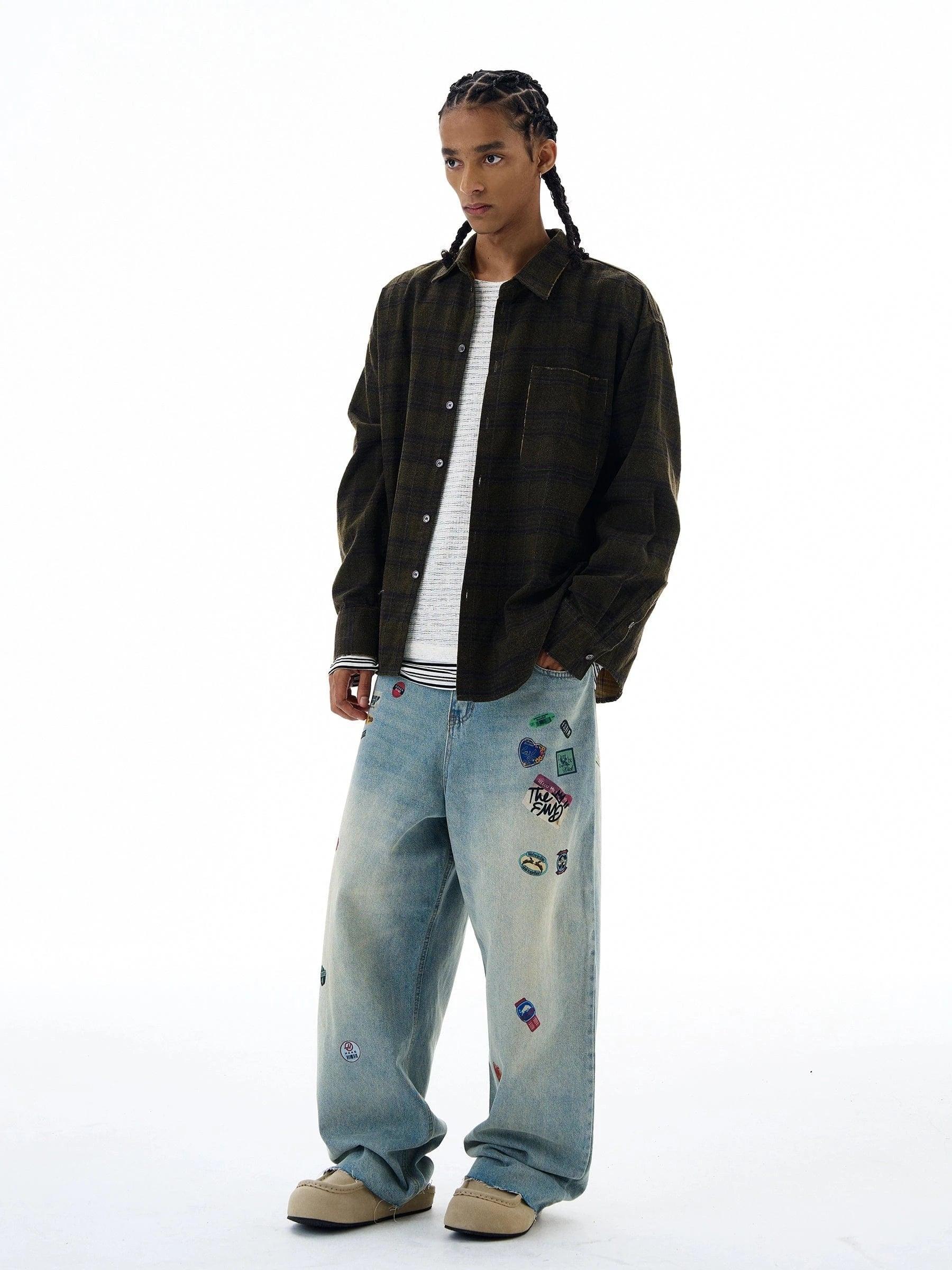 RT No. 19567 PRINTED LABEL BLUE DENIM BAGGY STRAIGHT JEANS Product Image