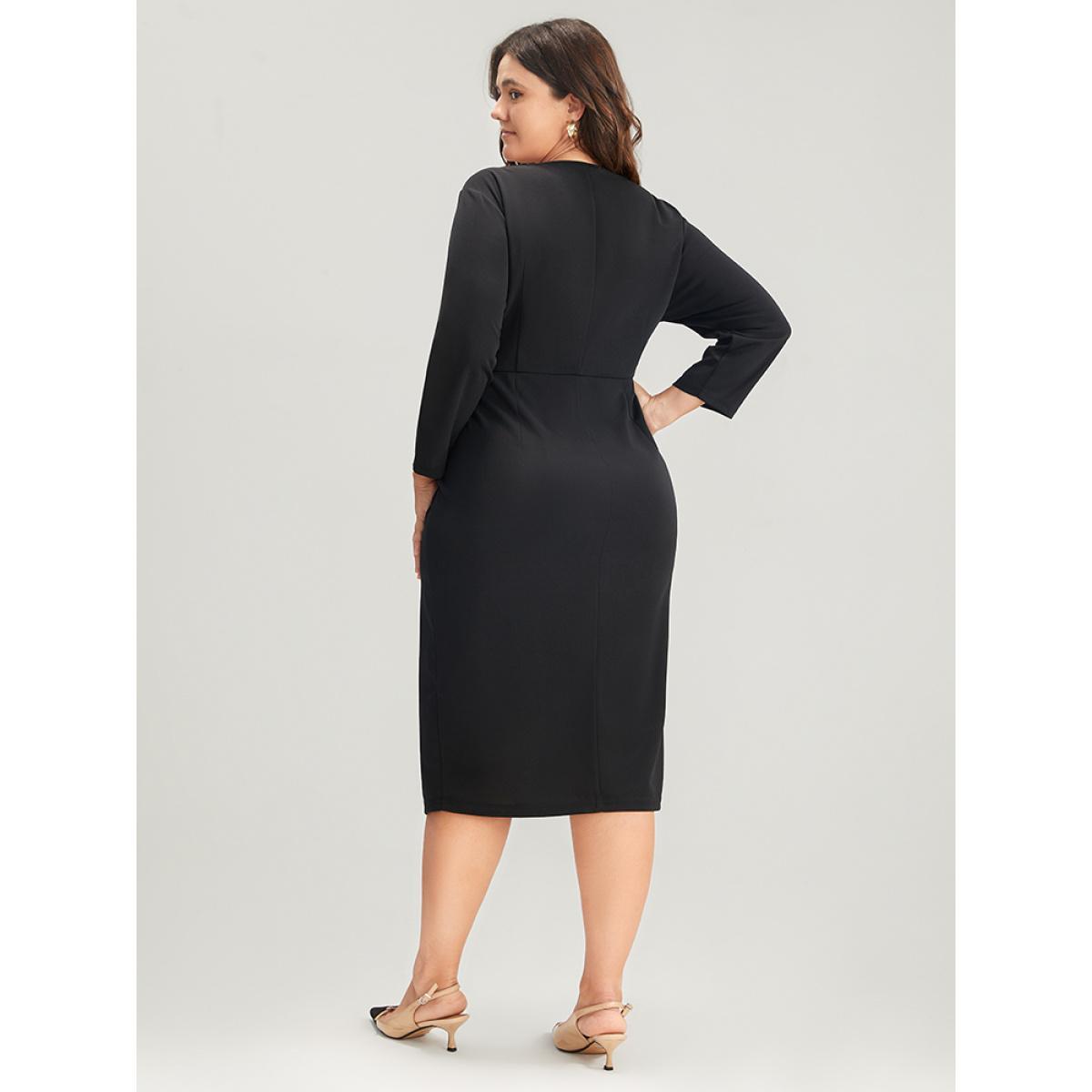 Plus Size Solid Square Neck Button Up Bodycon Midi Dress Black Women Office Button Square Neck Elbow-length sleeve Curvy Midi Dress BloomChic 18-20/2X Product Image