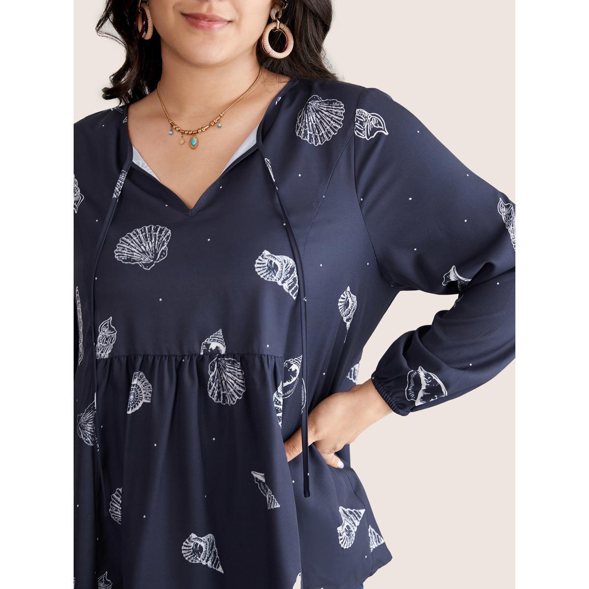 Plus Size Indigo Marine Life Patterns Ties Gathered Blouse Women Vacation Long Sleeve Tie Neck Vacation Blouses BloomChic 22-24/3X Product Image