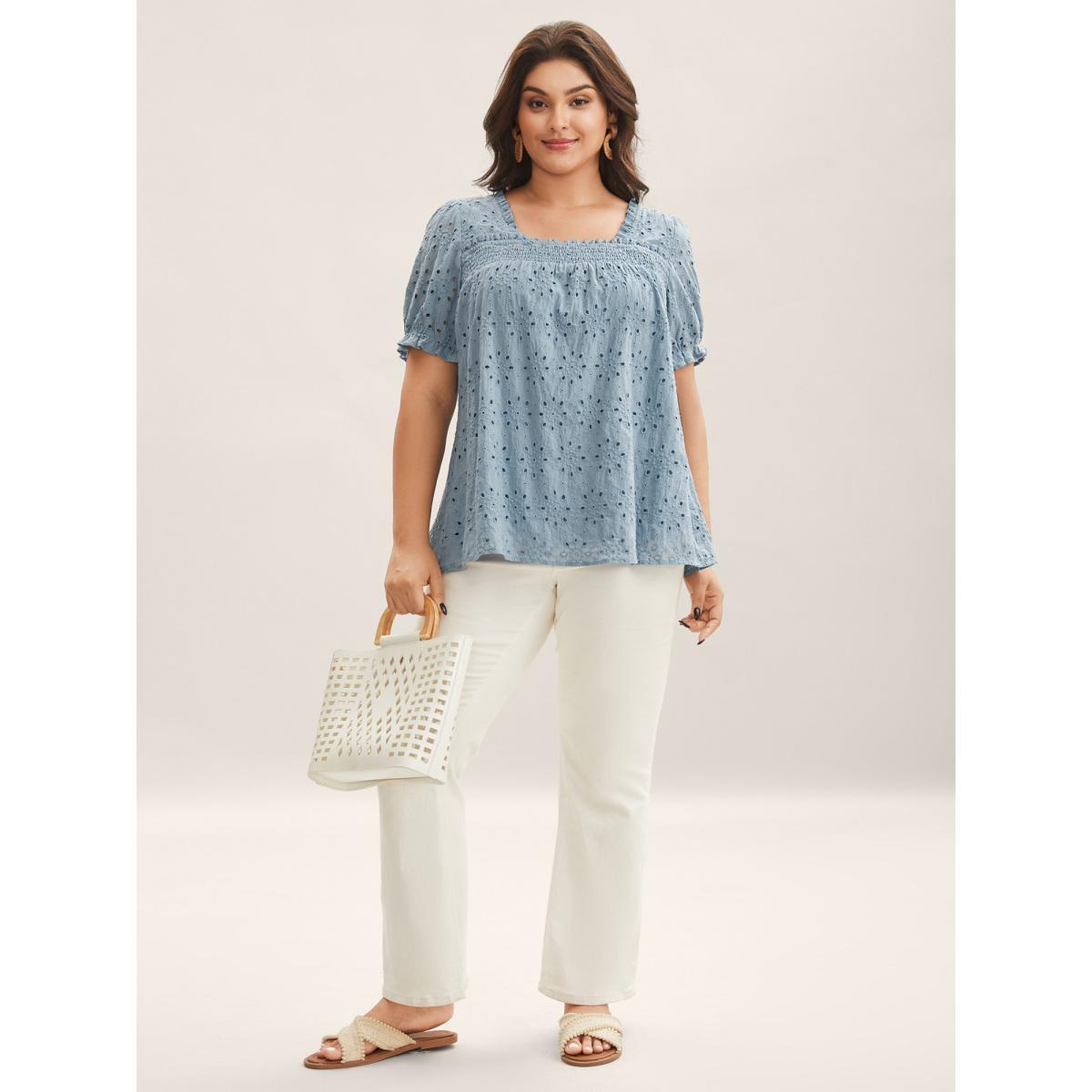 Plus Size Stone Eyelet Trim Shirred Neck Puffy Sleeve Blouse Women Short sleeve Square Neck Vacation Blouses BloomChic 28/5X Product Image