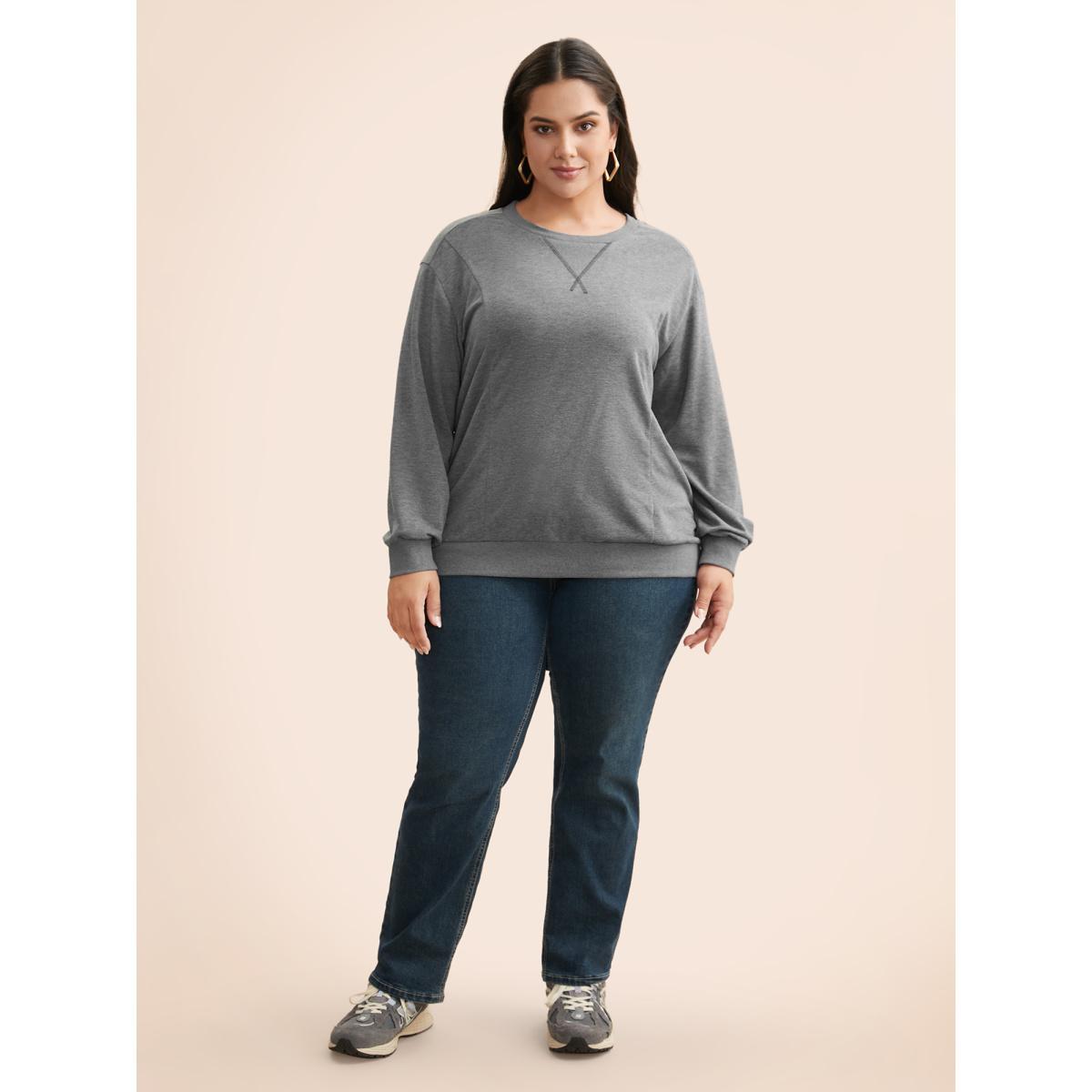 Plus Size Round Neck Stitch Slightly Stretchy Sweatshirt Women Mediumgray Casual Topstitching Round Neck Everyday Sweatshirts BloomChic 30/6X Product Image