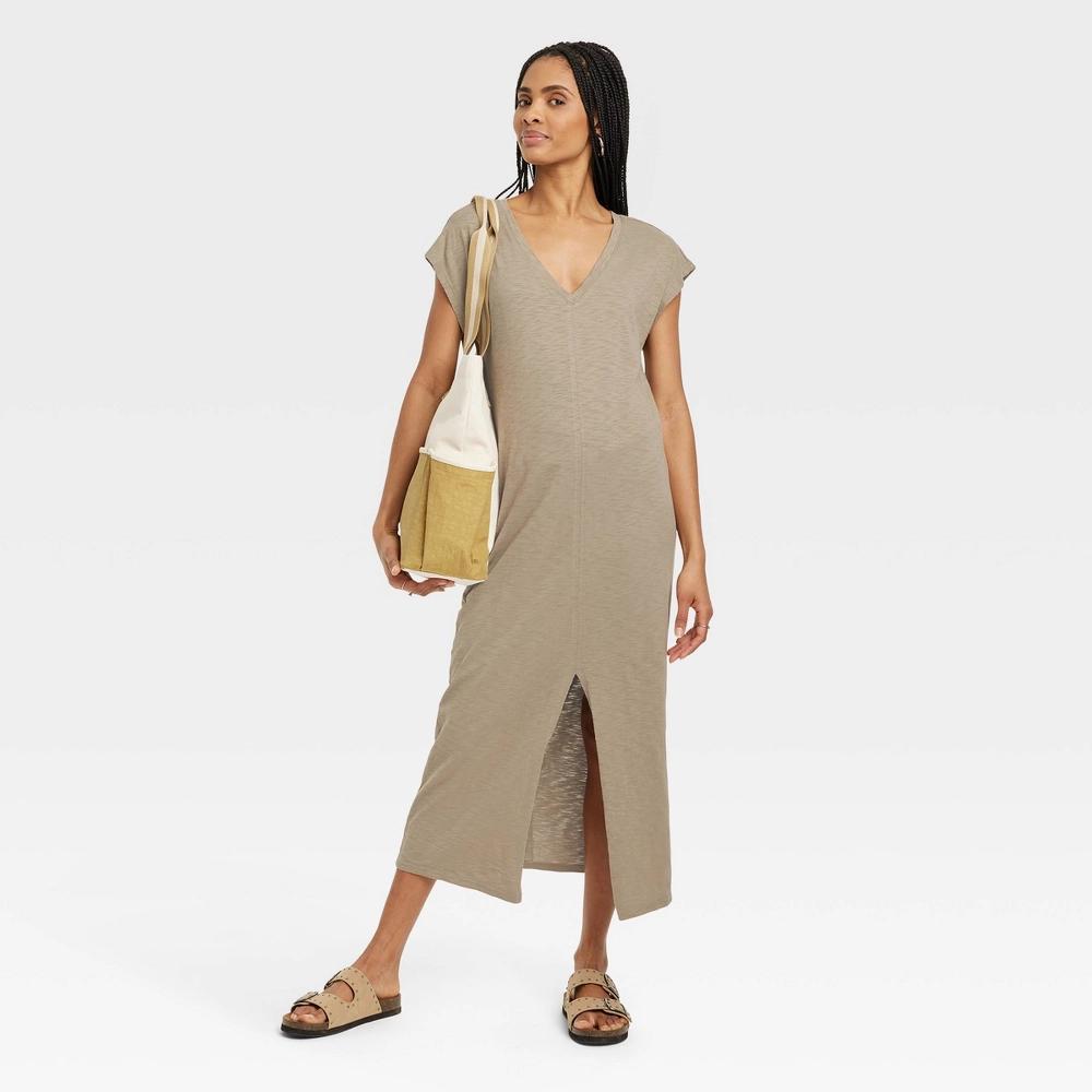 Womens Short Sleeve Midi T-Shirt Dress - Universal Thread Brown XL: V Neck, Dolman Sleeve, Pullover, Jersey Fabric Product Image