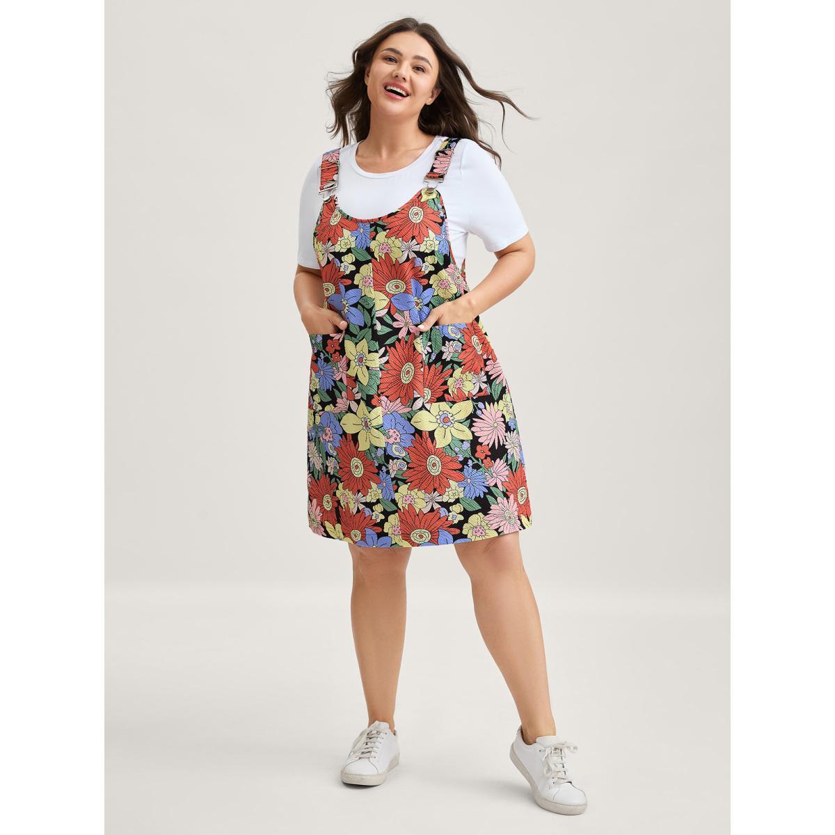 Plus Size Floral Print Textured Overall Straps Dress Multicolor Women Round Neck Sleeveless Curvy BloomChic 10/M Product Image