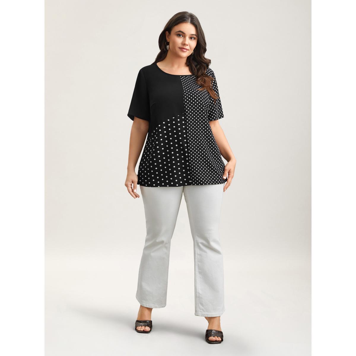 Plus Size Black Polka Dot Panelled A-Line Shirt Women Elegant Short sleeve Round Neck Everyday Blouses BloomChic 26/4X Product Image