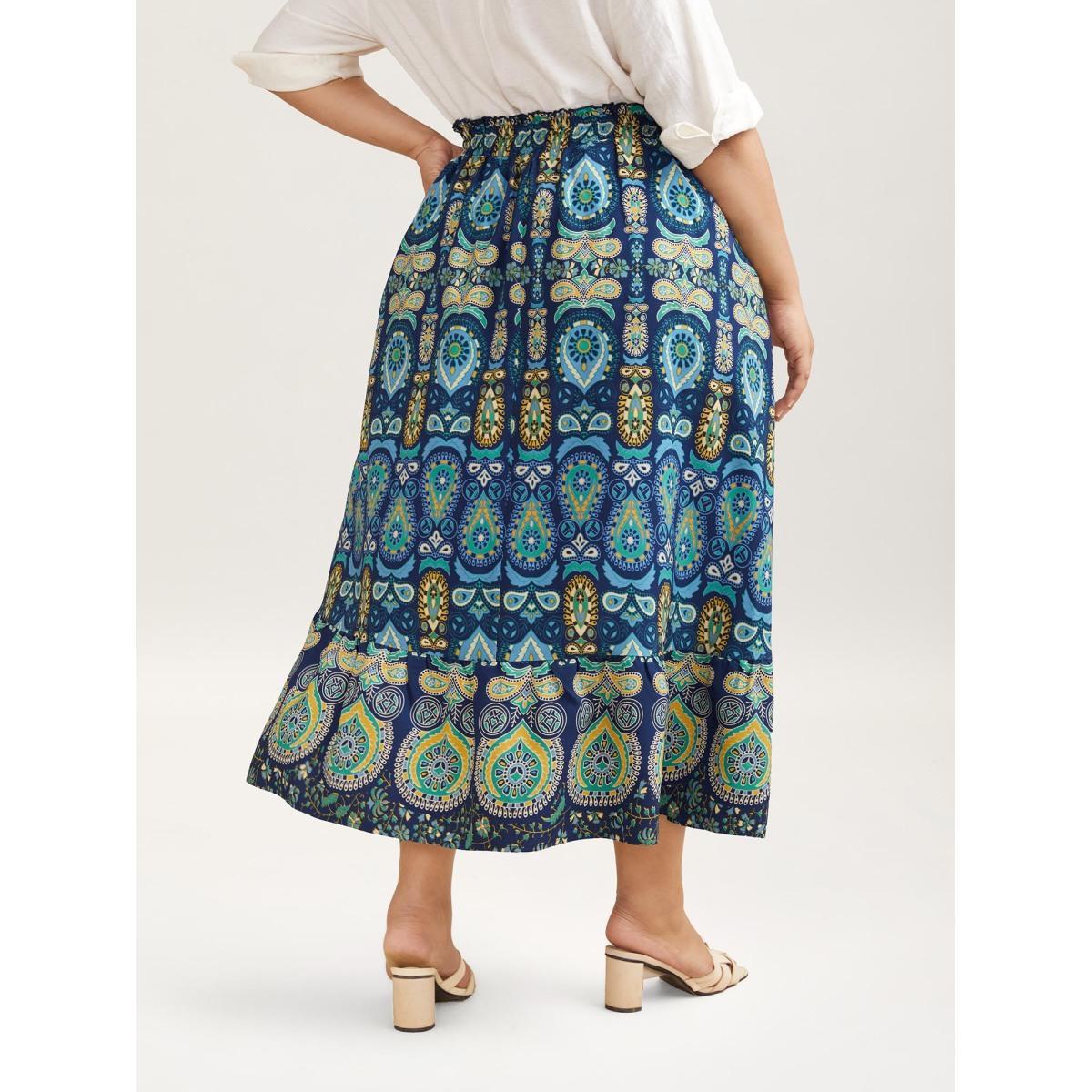Plus Size Bohemian Floral Print Pleated Maxi Skirt Women Cerulean Resort Pleated Low stretch Slanted pocket Vacation Skirts BloomChic 10/M Product Image