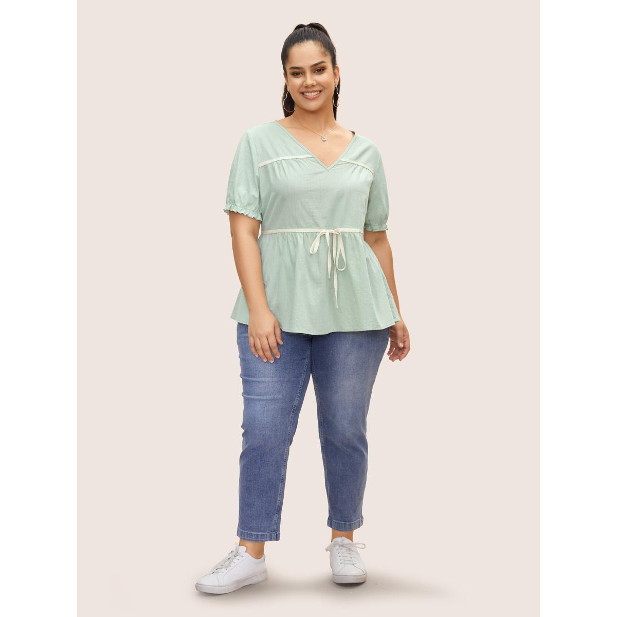 Plus Size Palemauve Textured Tie Knot Lantern Sleeve Blouse Women Casual Short sleeve V-neck Everyday Blouses BloomChic 10/M Product Image