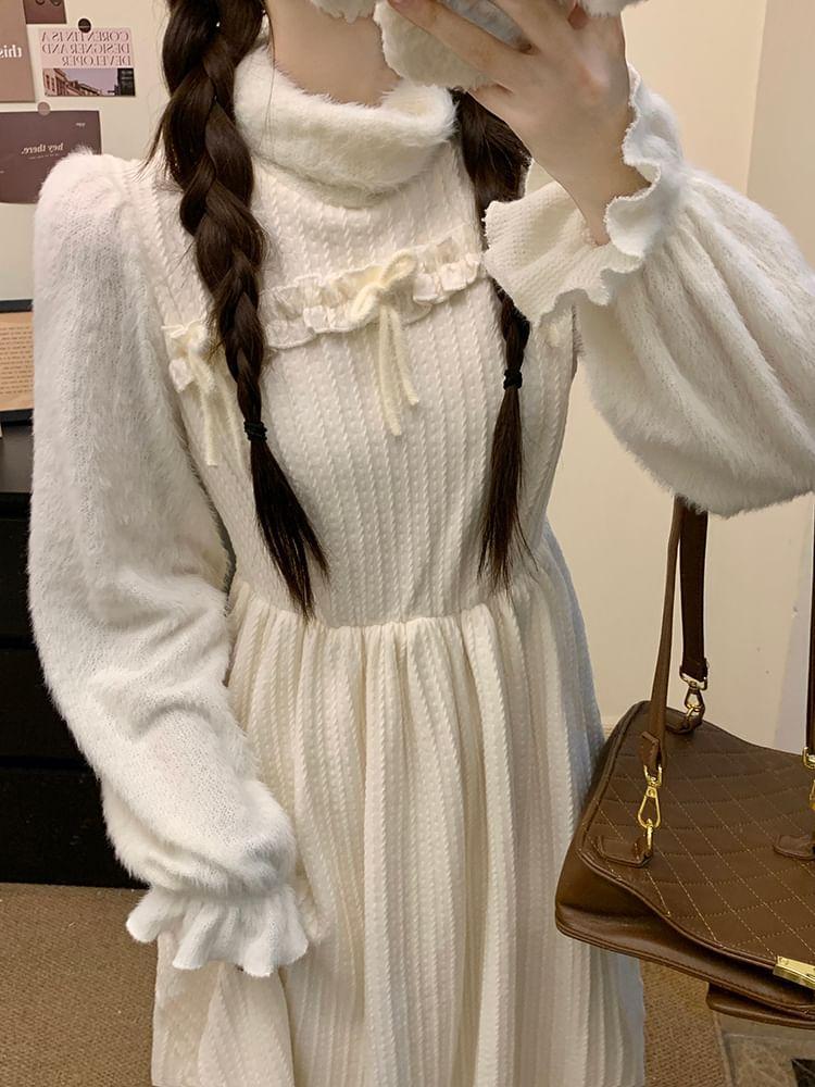 Long-Sleeve Mock Neck Bow Ruffle Trim Knit Panel Midi A-Line Dress Product Image