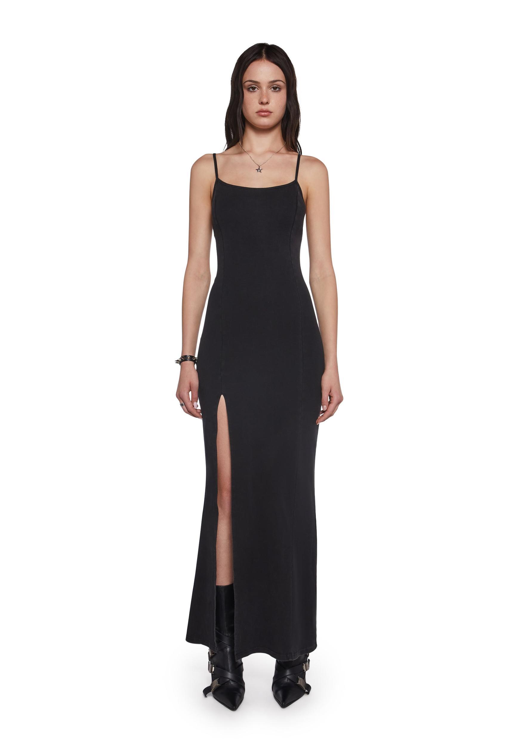 Womens Maxi Ribbed Dress With Side Slit Widow - Black Product Image