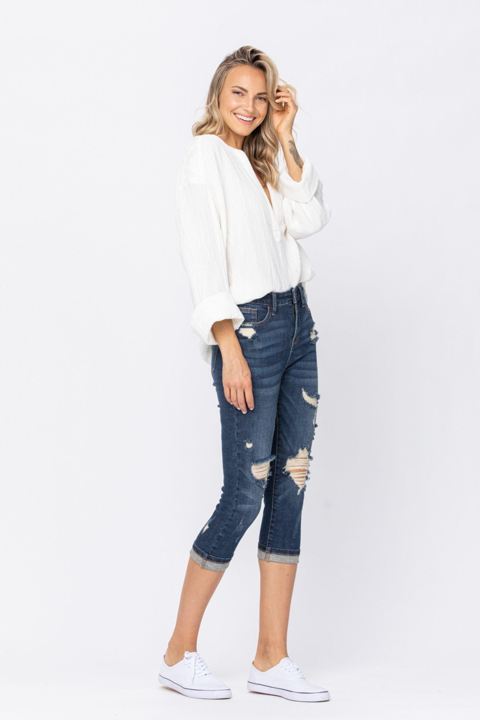 Chevelle Hi-Rise Cuffed Distressed Judy Blue Capri Jeans Product Image