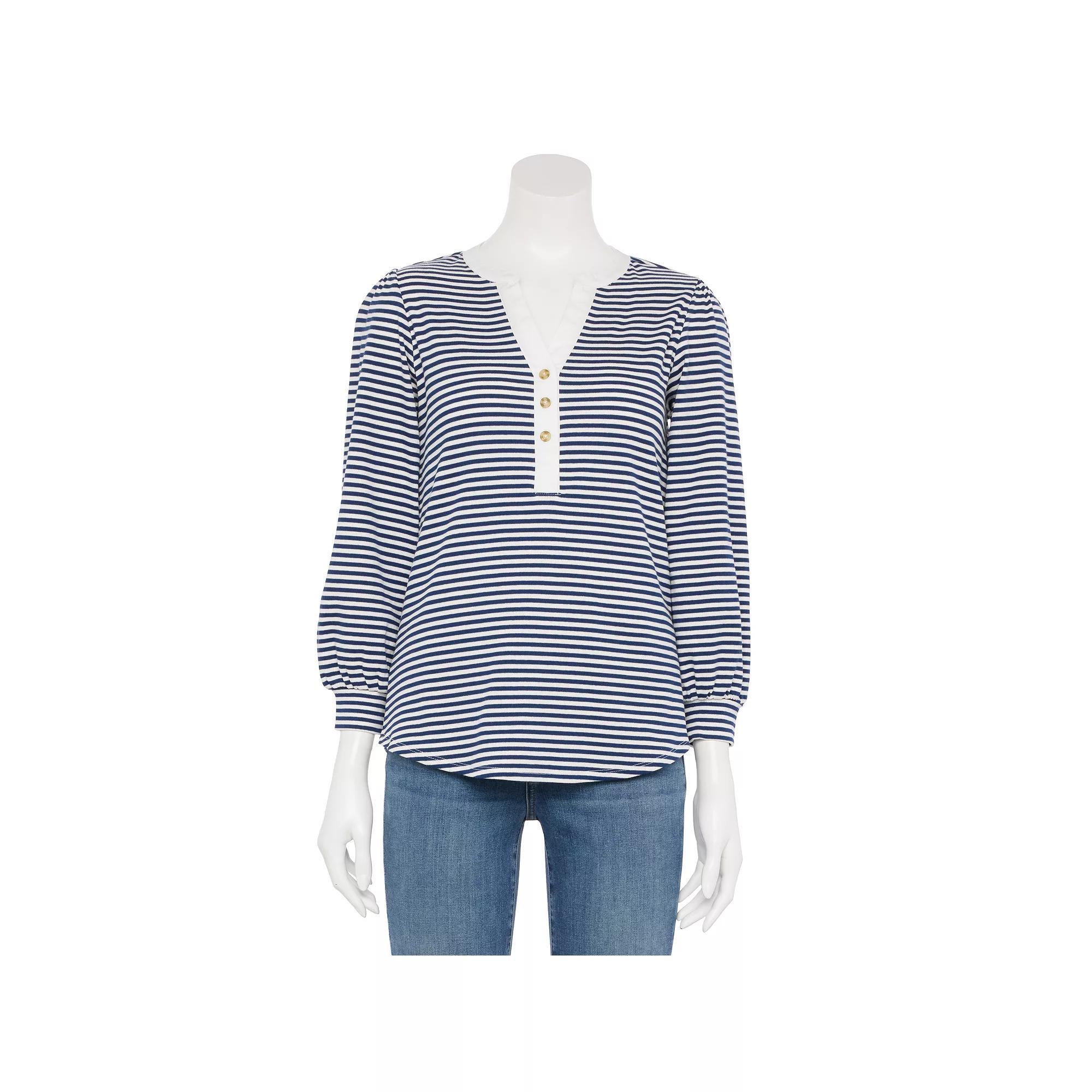 Women's LC Lauren Conrad Long Sleeve Henley Top, Size: XS, Blue Raleigh Stripe Product Image