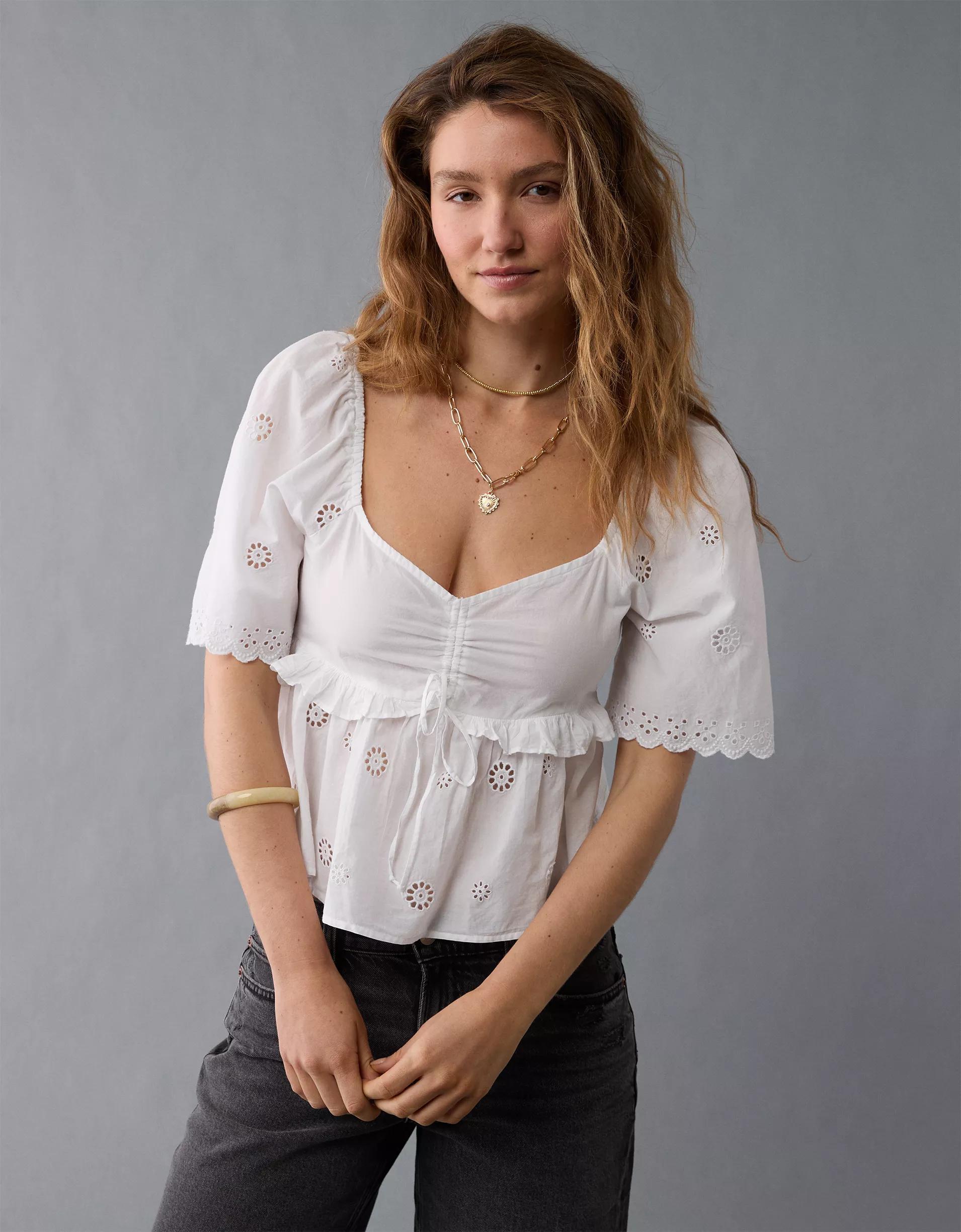 AE Flutter Sleeve Eyelet Babydoll Blouse Product Image