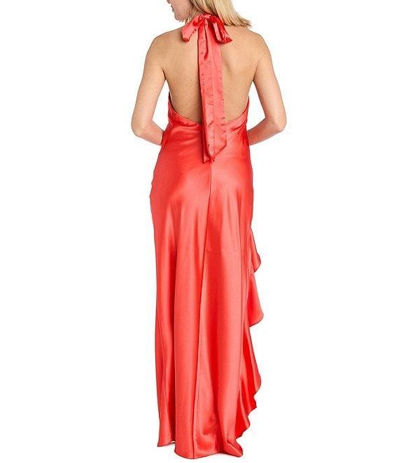 Morgan & Co. Satin Y-Neck Halter Ruffle Dress Product Image