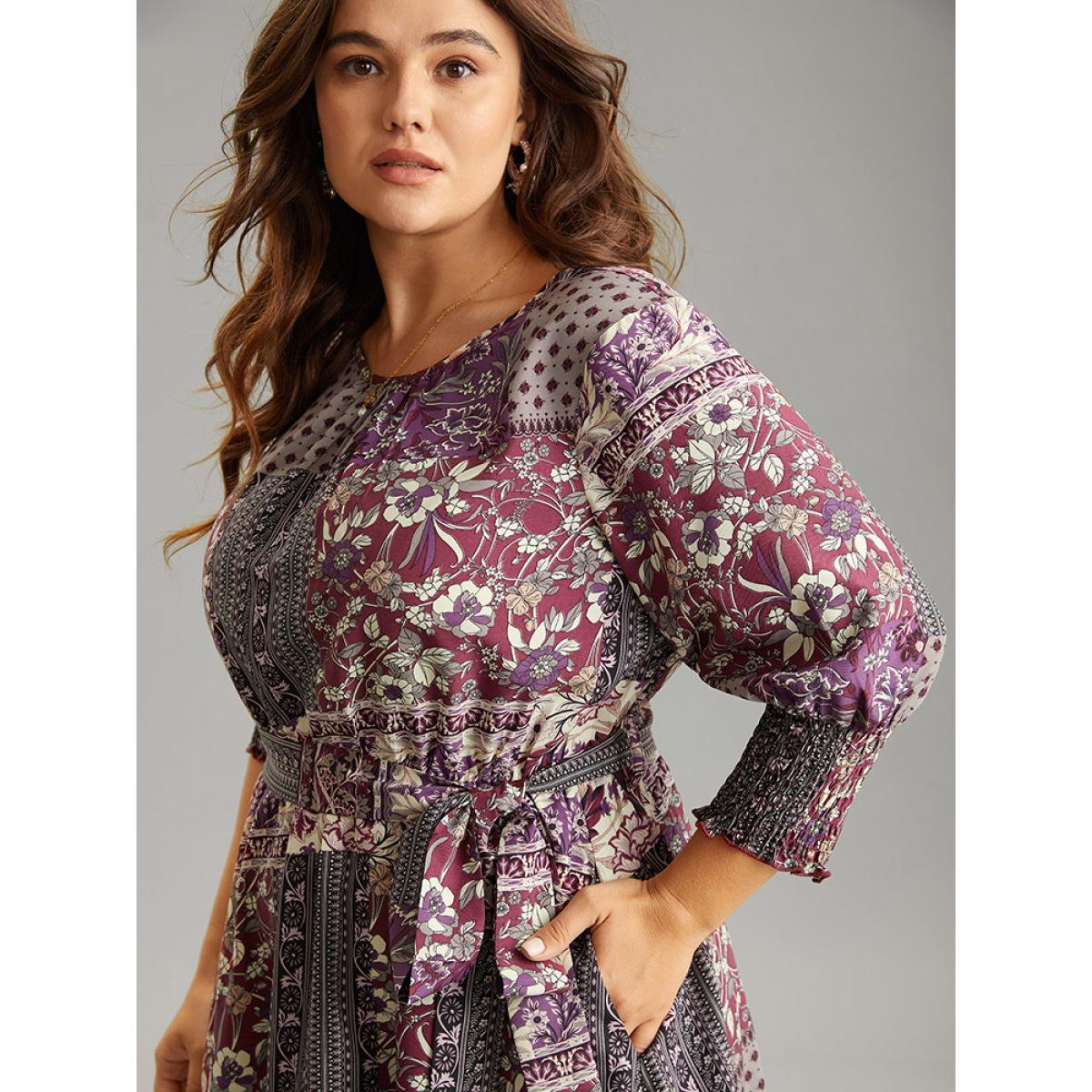 Plus Size Boho Print Belted Shirred Ruffle Layered Hem Dress Purple Women Vacation Belted Round Neck Elbow-length sleeve Curvy Midi Dress BloomChic 28/5X Product Image