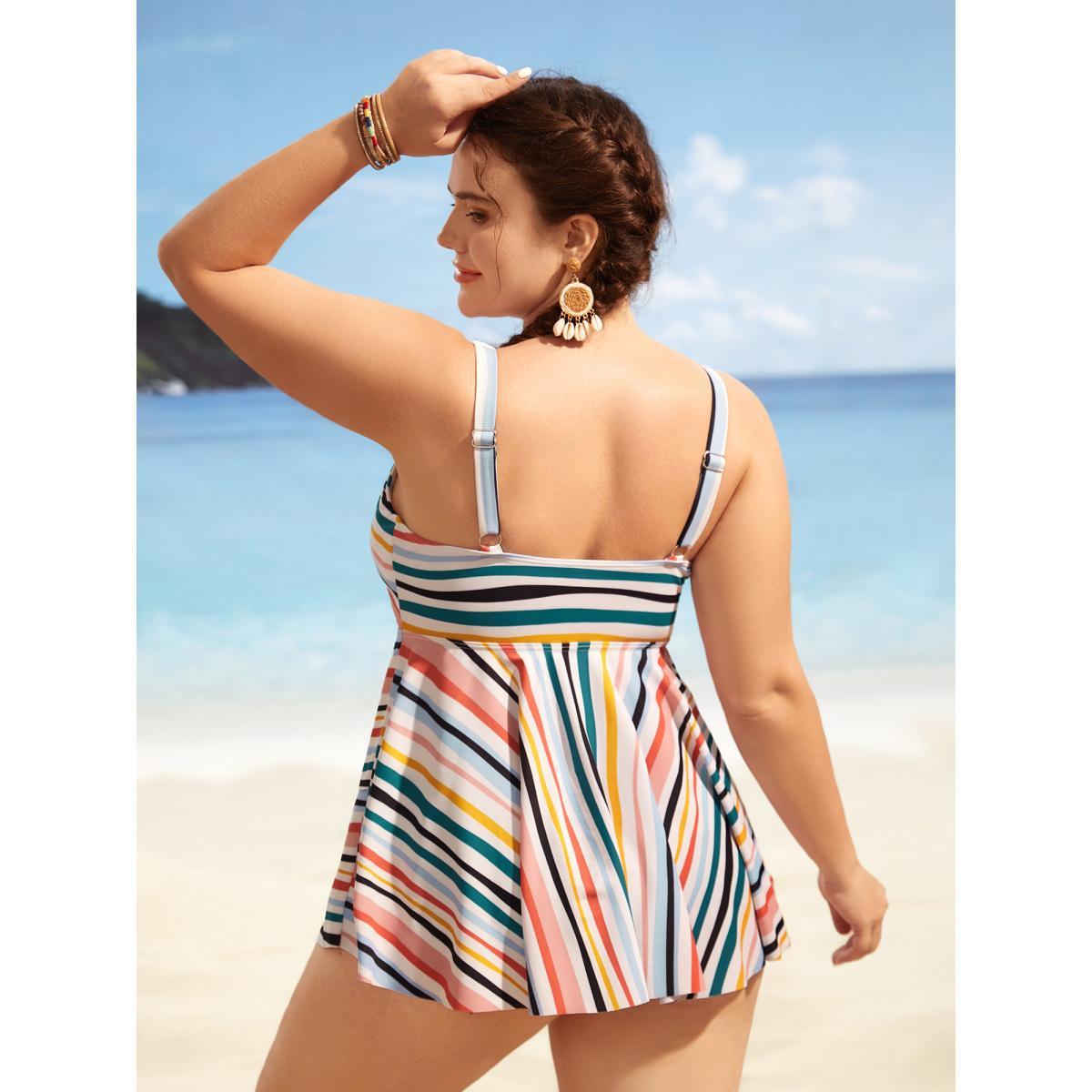 Plus Size Striped Tie Knot Tiered Hem Swim Top Women's Swimwear Multicolor Beach Gathered High stretch Bodycon V-neck Curve Swim Tops BloomChic 10/M Product Image