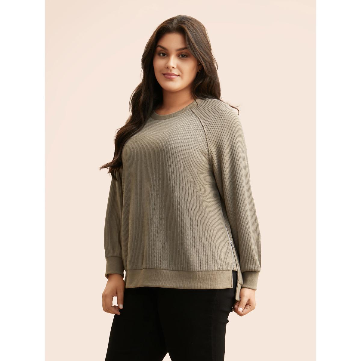 Plus Size Crew Neck Zipper Detail Raglan Sleeve Sweatshirt Women LightBrown Casual Texture Loose Round Neck Everyday Sweatshirts BloomChic 30/6X Product Image
